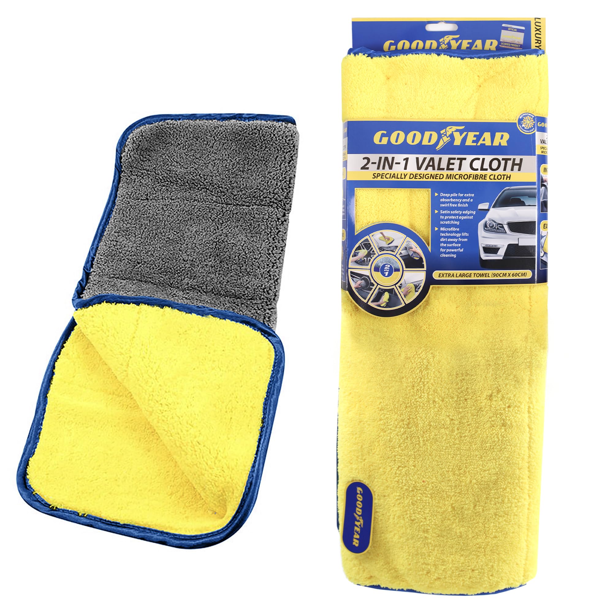 Goodyear Pro Valet Luxury Drying And Buffing Towel Extra Large 90cmX60cm| Deep Pile For Extra Absorbency| 2In1 Luxury Car Cloth| microfiber Technology| Cleaning Fibre Attracts Dust| Satin Safety Edges