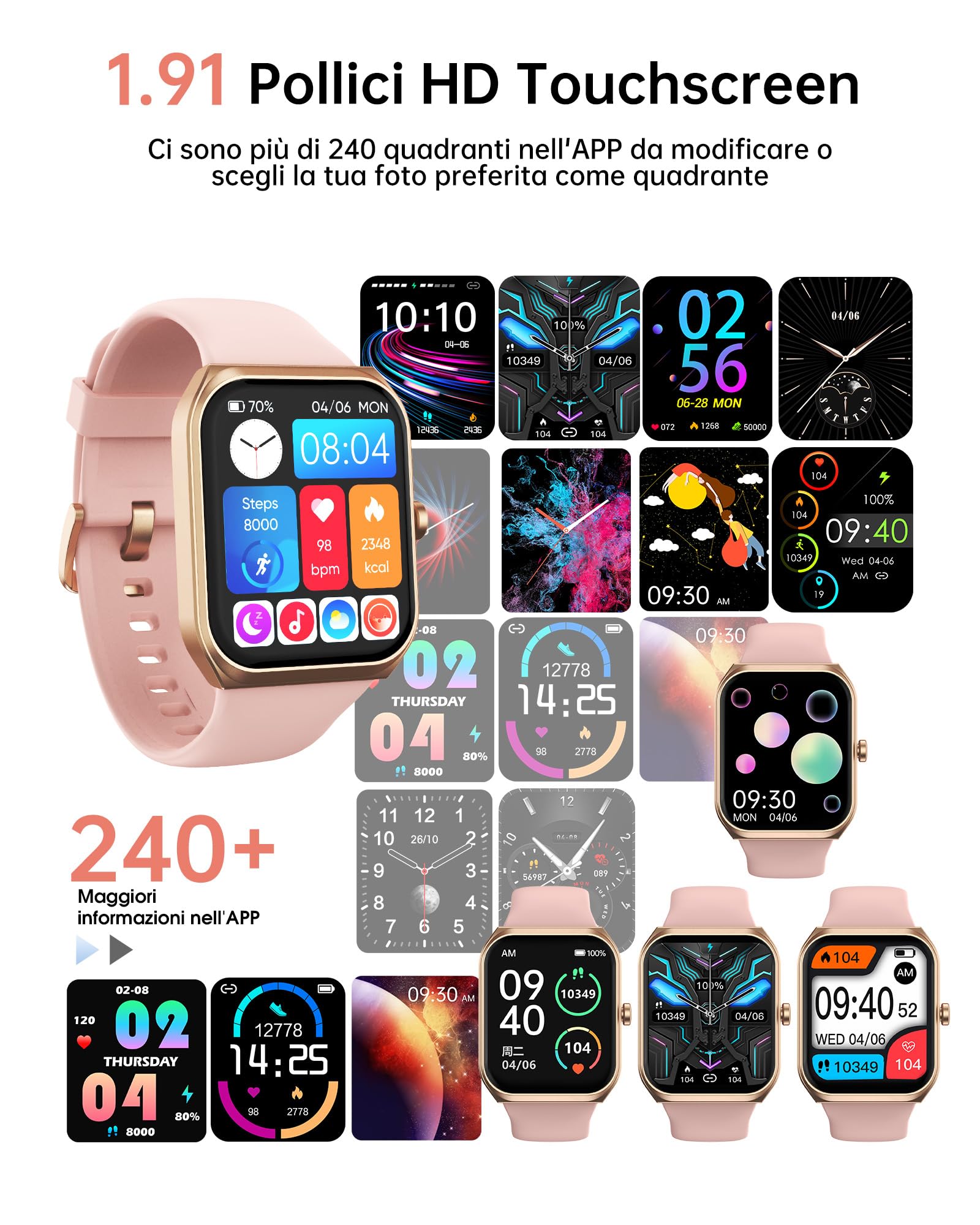 TUYOMA Smartwatch Donna - 1.91" Orologio Smart Watch con Chiamate, 112+ Modalità Sportive, IP68 Impermeabile, Monitoraggio Sonno/Cardiofrequenzimetro/Donne Della Salute, Gaming, per Android/IOS