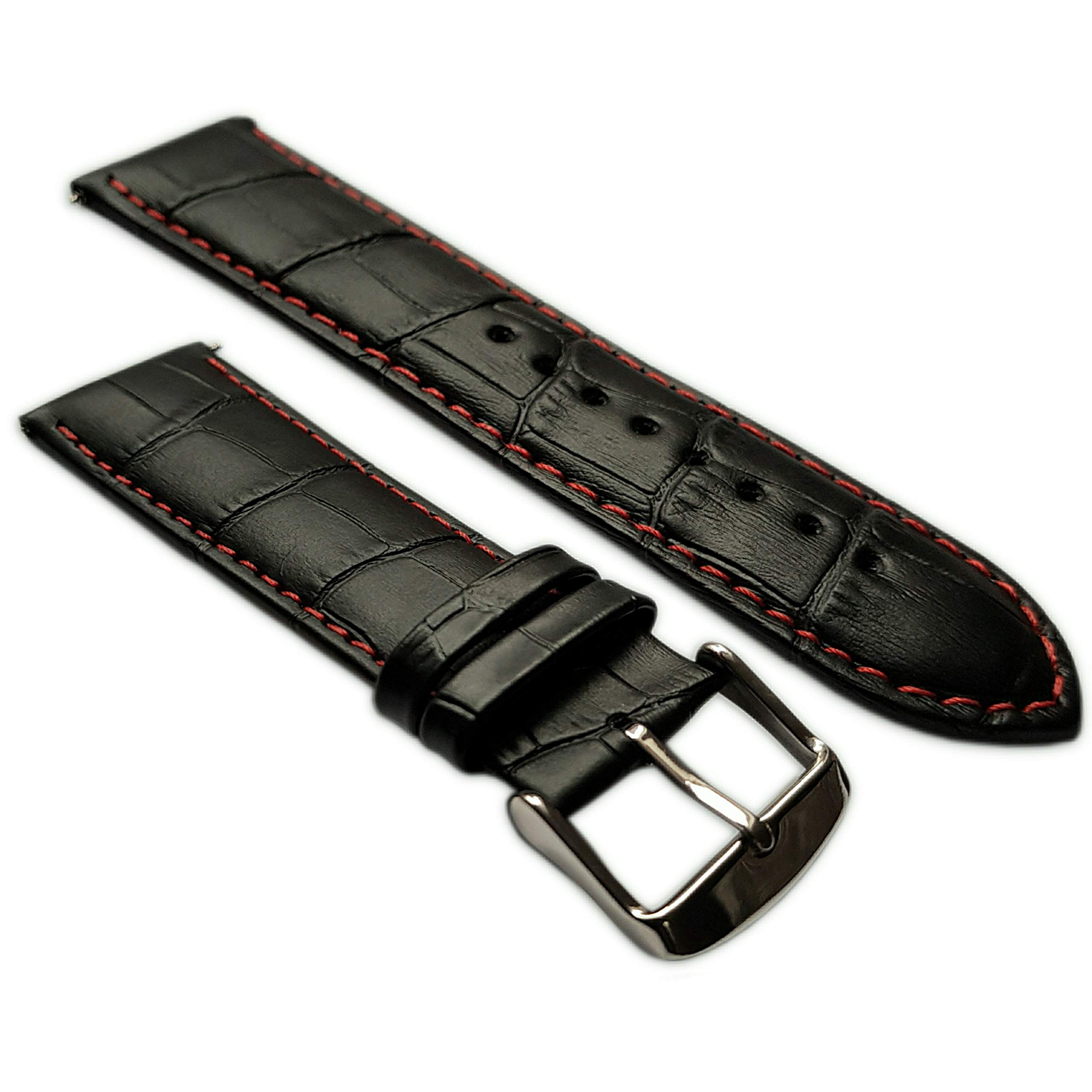 Jewellers Tools Men's Black/Red 24Mm Extra Long Genuine Leather Mock Croc Watch Strap Band Padded Ss Buckle Xl