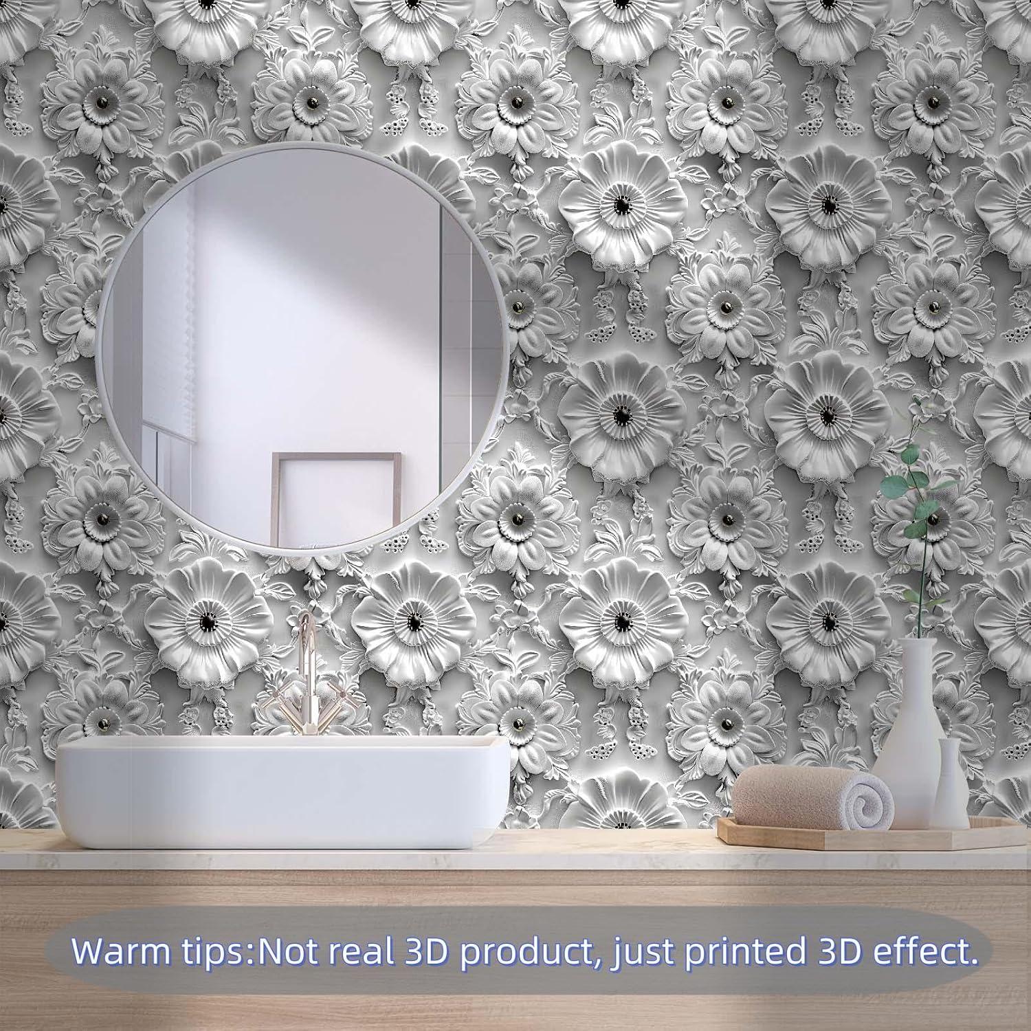 Grey White Floral Peel and Stick Wallpaper Modern Removable Self Adhesive Vinyl Contact Wall Paper with Printed 3D Visual Effect Flowers for Bedroom Bathroom Living Room 17.7" X 354"