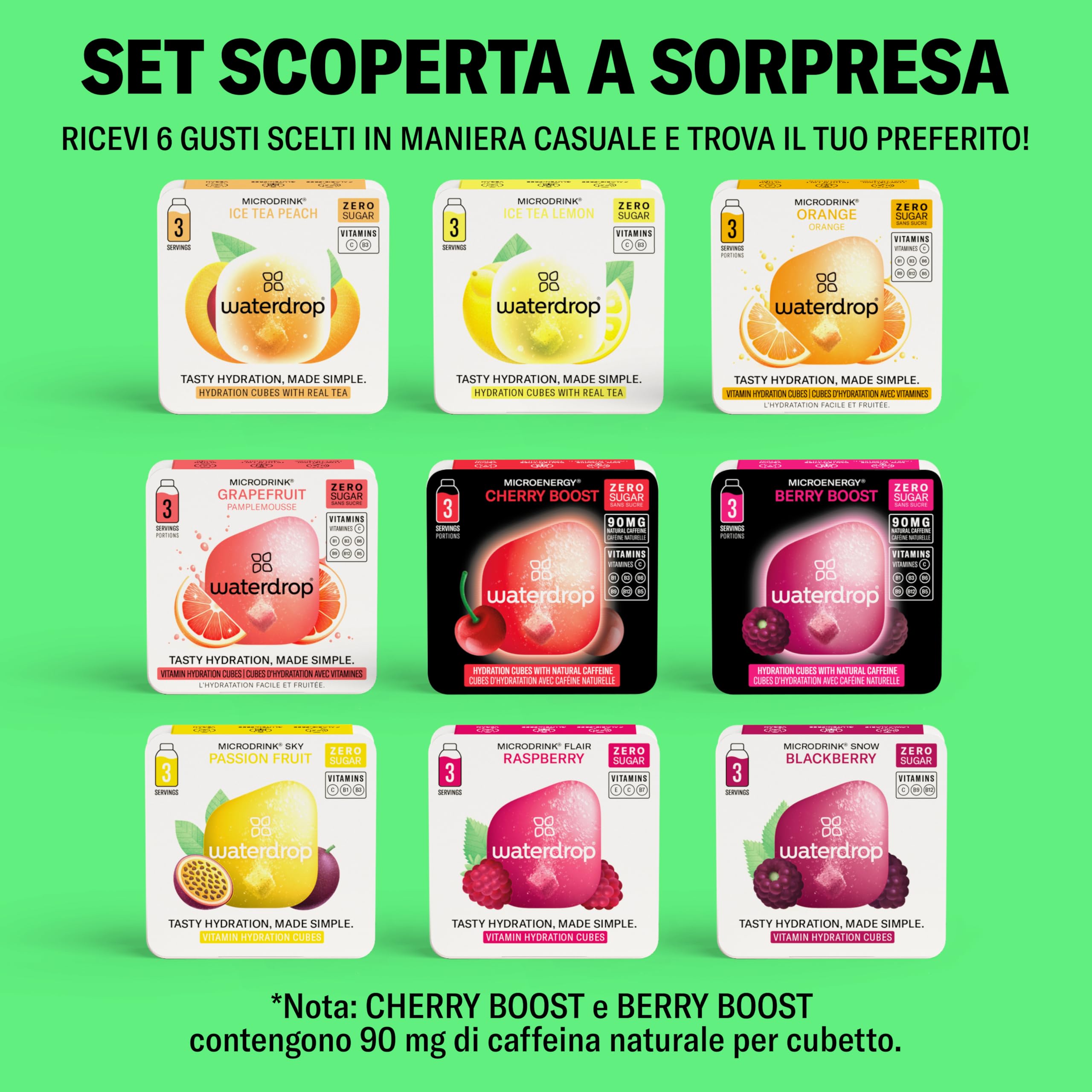 waterdrop® Bottiglie Vetro 600ml con 18 Drops senza zucchero - idee regalo donna - Pacchetto degustazione con Borraccia e 6 gusti aromatizzanti per acqua, senza zuccheri - Cofanetto regalo donna
