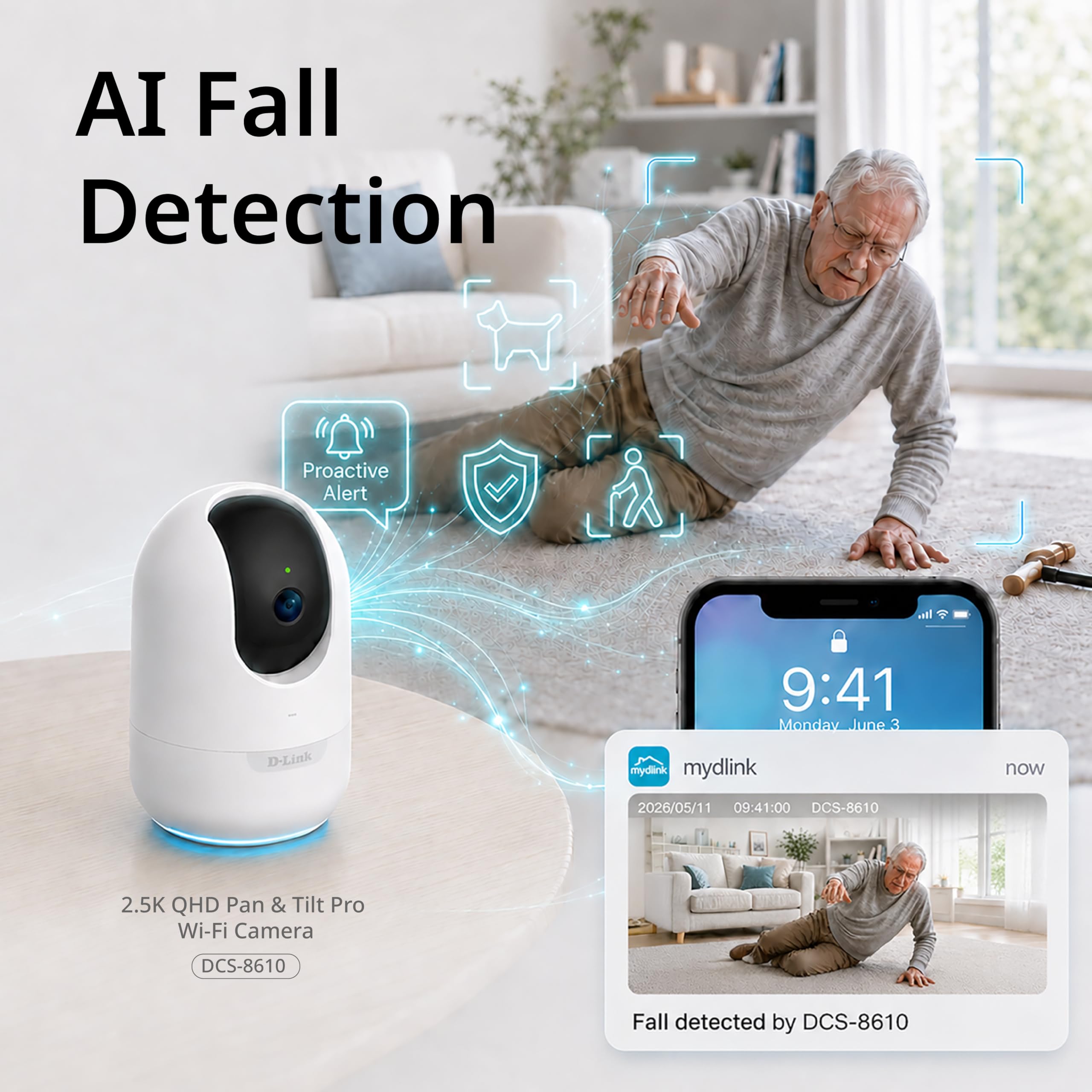 D-Link DCS-8610 Cámara Wi-Fi 2.5K QHD Panorámica con Giro e Inclinación, Detección IA de Personas y Caídas, Vista 360° con Seguimiento Automático, Audio Bidireccional, microSD, App mydlink
