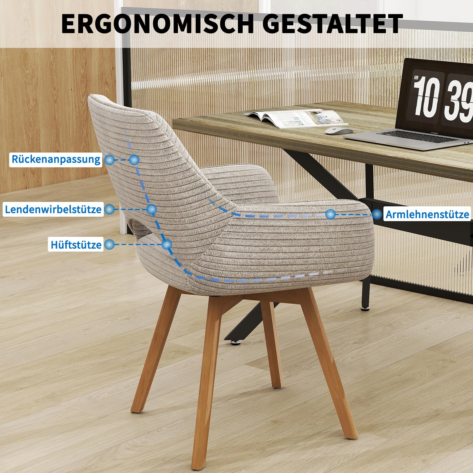 JIJIAN 6er Set 360° Drehbare Esszimmerstühle mit Armlehnen, Taupe | Drehbar Stühle Esszimmer mit Holzbeinen, Moderner Küchenstuhl aus Cord, Polsterstuhl für Esszimmer, Küche, Wohnzimmer