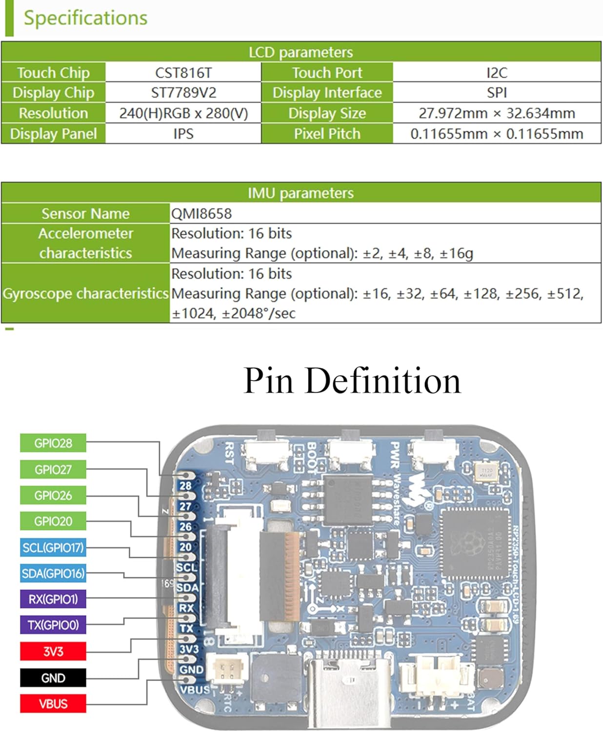 RP2350 1.69inch Touch LCD Development Board, RP2350 Microcontroller with 1.69inch Touch Screen 240x280 Resolution, Rounded Corners, Dual-Core & Dual-Architecture Design, 16MB Flash USB Type-C Port