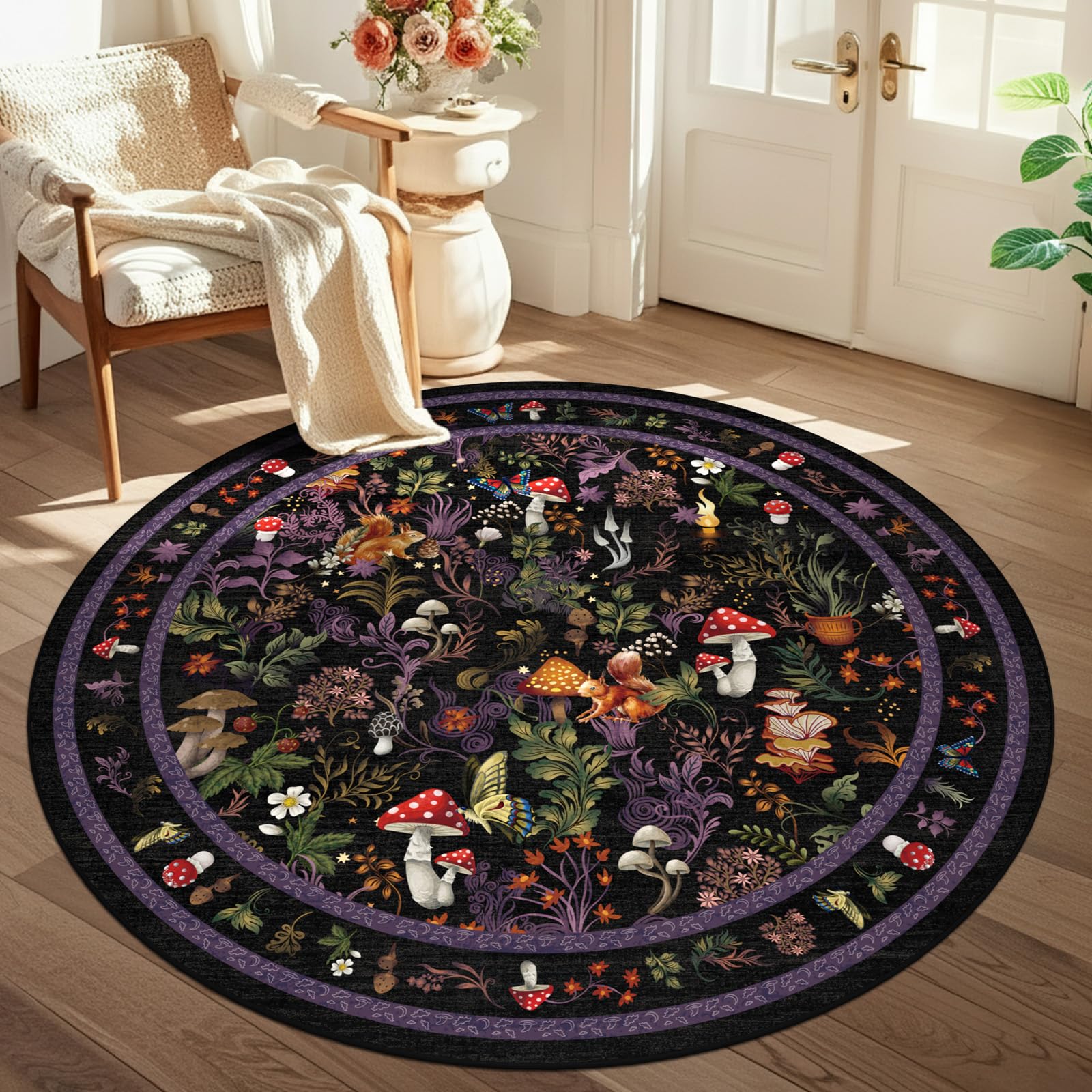 GEANUP Fairytale Round Rugs for Living Room 120cm, Black Washable Circle Area Rugs for Bedroom Non Slip, Soft Low Pile Mushroom Circular Carpet for Kids Room Dining Room Nursery Kitchen Non-Shed — image 1