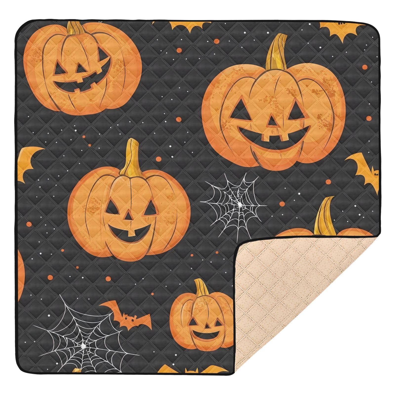 BOESI Doodle Halloween Pumpkin Baby Play Mat, 50“ X 50” Washable Folding Crawling Mat, Baby Floor Mat, Soft, Non-Slip