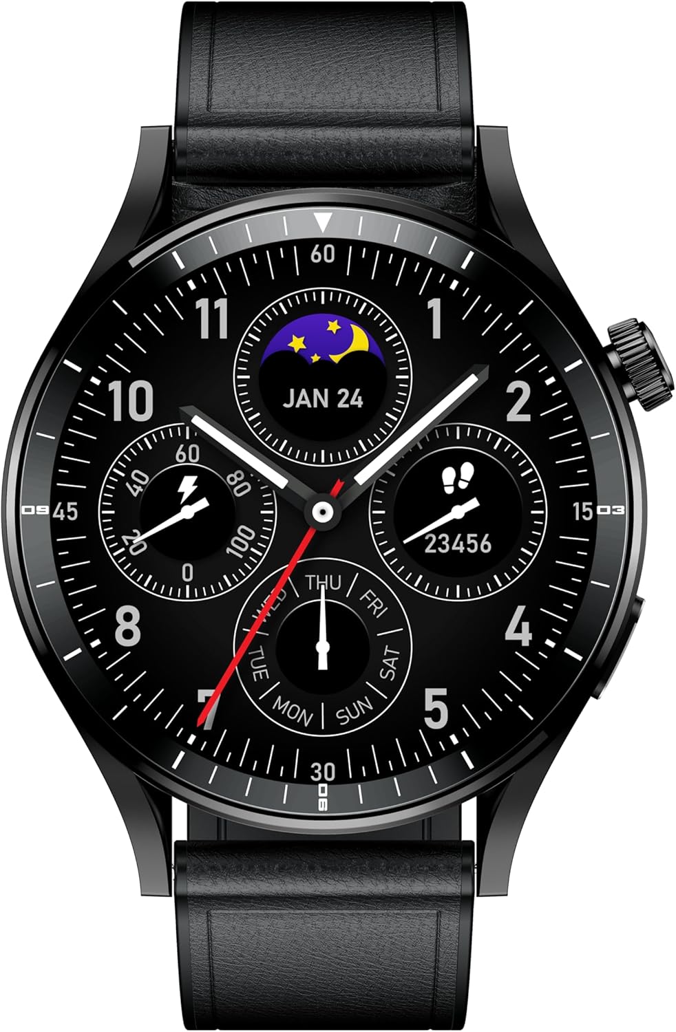 Front view of Infinix XWatch N4 Pro smartwatch with a black strap and a round black watch face displaying time, date, and health metrics.