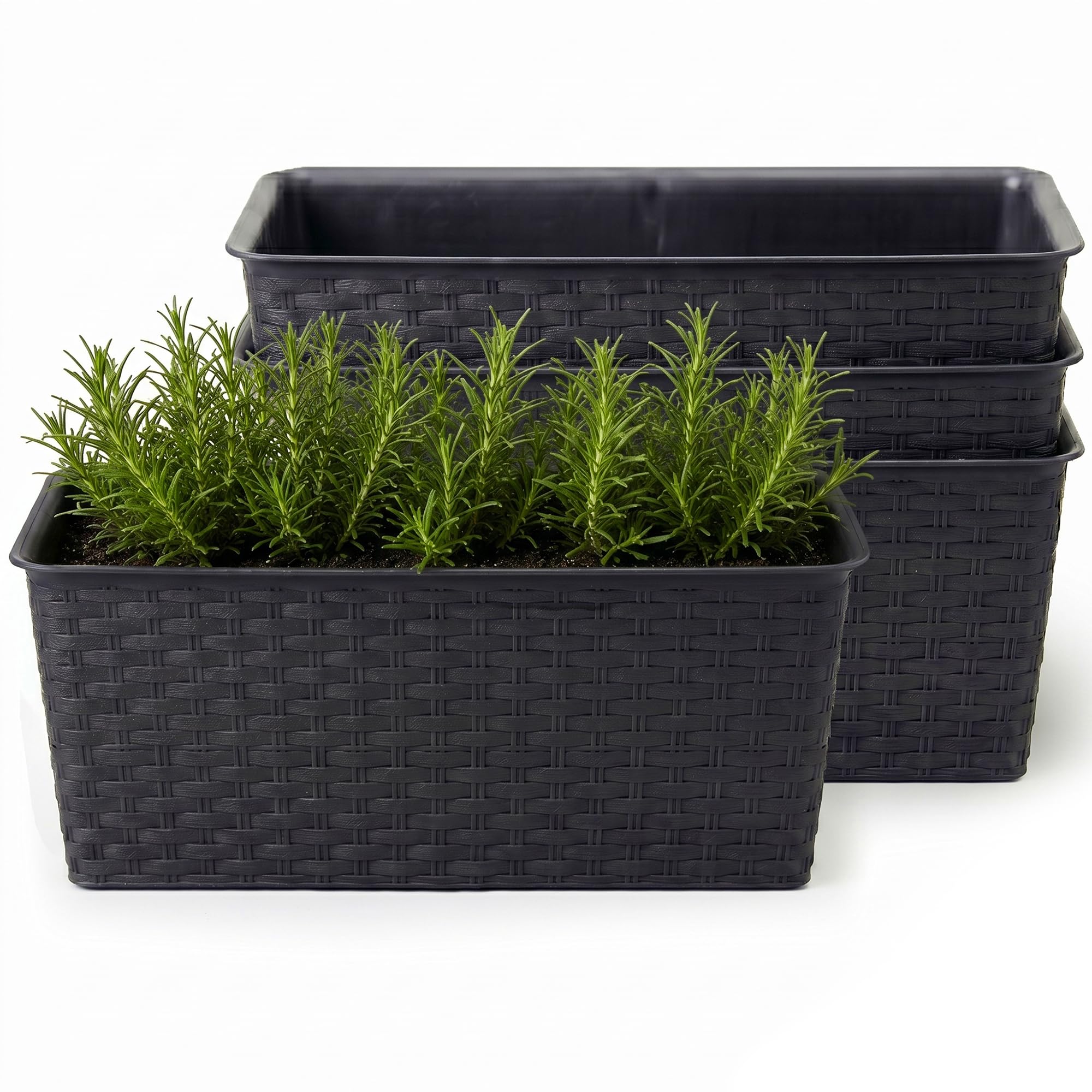 Lizzy 4 Pack Rattan Rectangle Planter Box Large Trough Flower Pot Indoor Outdoor Window Box Herb Vegetable Planter Balcony Garden Container Durable Plastic Woven Design - Dark Grey