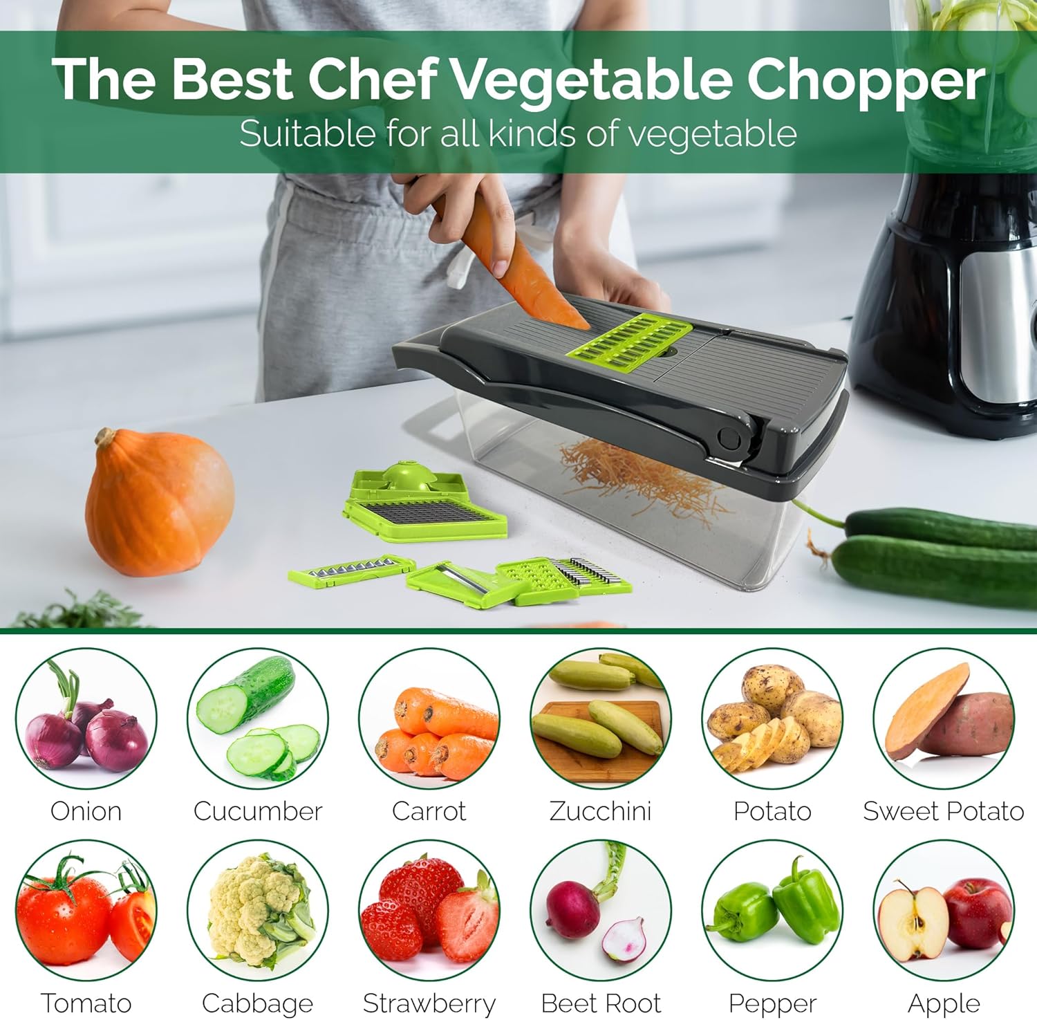 Vegetable Chopper Mandoline Slicer for Kitchen with 8 Interchangeable Blades – Meal Prep Veggie Chopper with Container, Peeler – Safe and Durable Food Chopper Vegetable Slicer, Gray