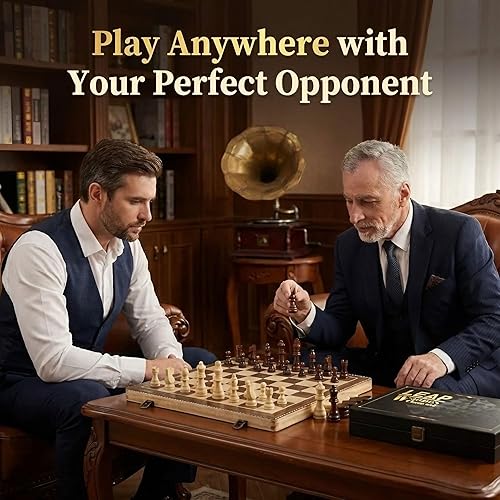 Miniatura 7 de LEAP Juego de ajedrez magnético de madera de 15.5 pulgadas, tablero de ajedrez plegable de 3 pulgadas, piezas de ajedrez de altura King de 3