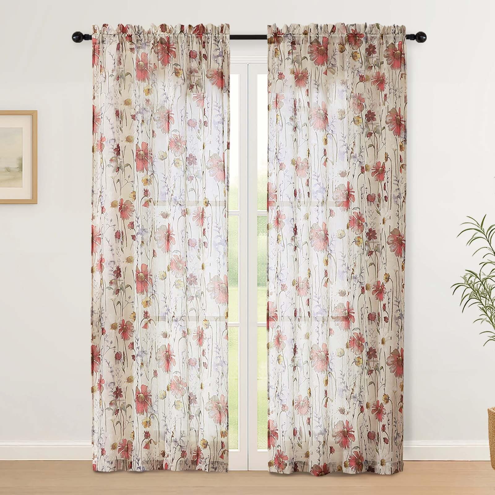 Simplebrand Floral Sheer Curtains 200 cm Length for Living Room 2 Panels Set, Soft Airy Printed Design Textured Light Filtering Drapes, Semi Sheer Farmhouse Curtains for Bedroom, Each 130Wx200L cm