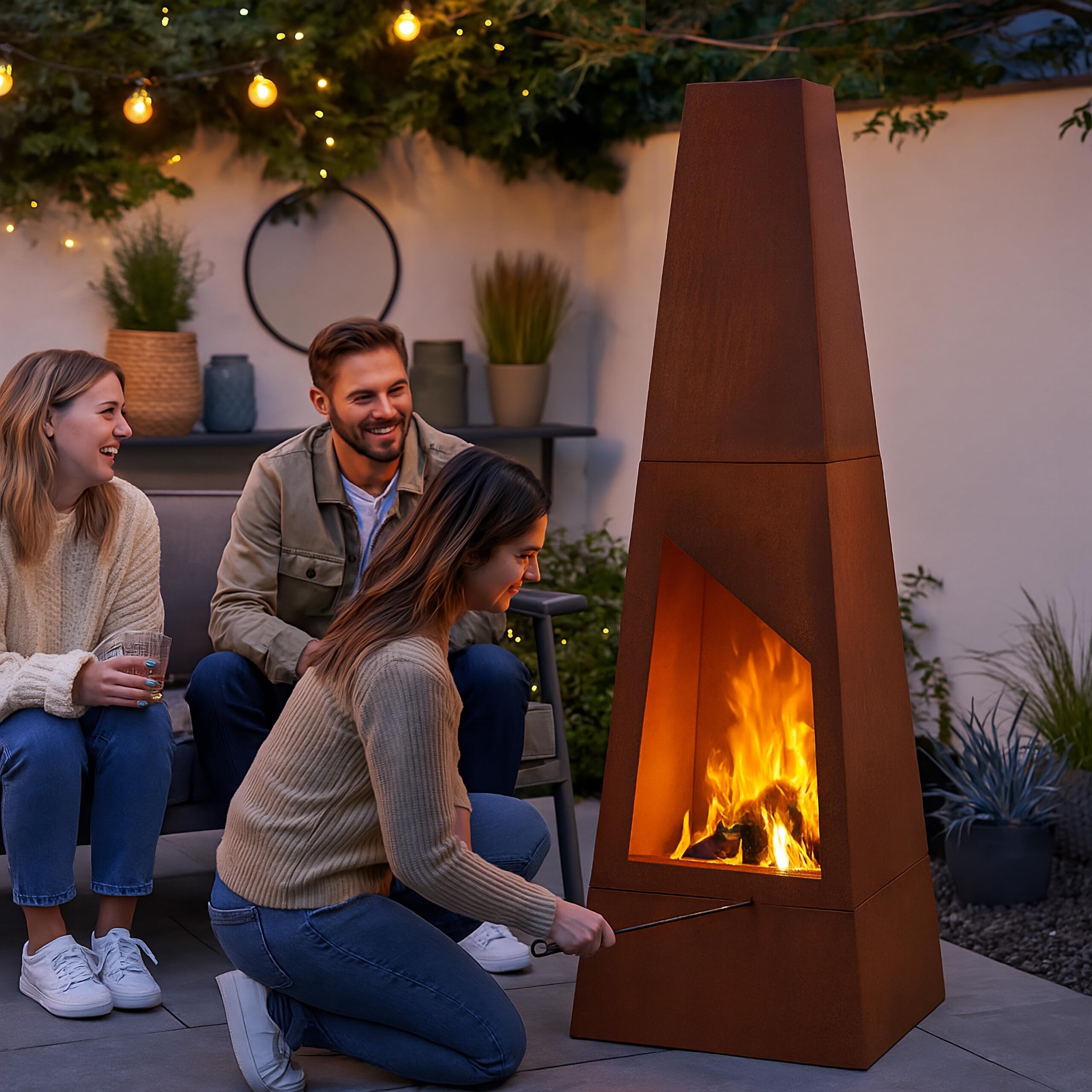 Relaxdays Gartenkamin Cortenstahl, Aschekasten, Feuerrost & Schürhaken, Edelrost Terrassenofen, HBT: 149x45x45cm, braun