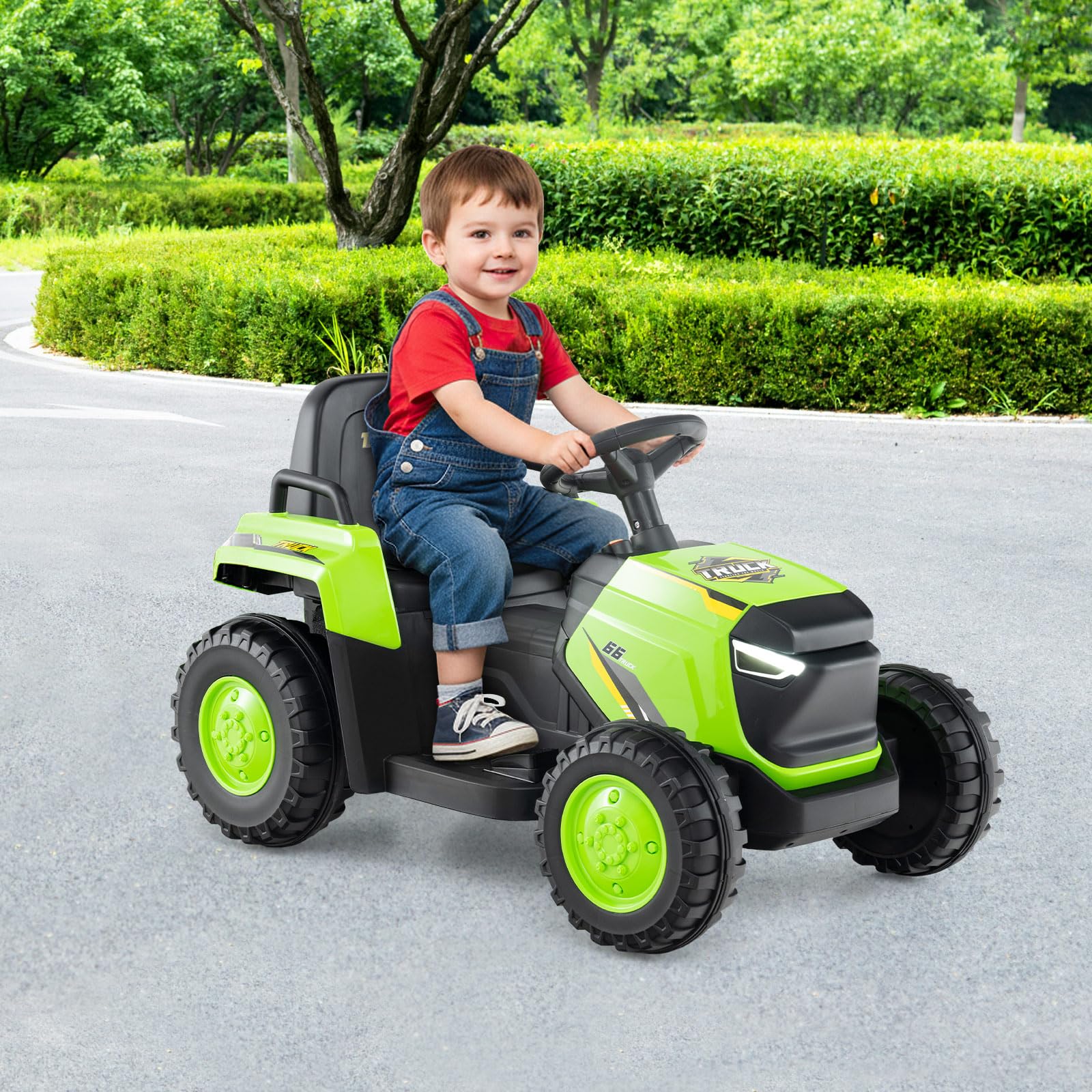 COSTWAY Tractor Eléctrico para Niños 12V, Coche Eléctrico para Niños con Remolque Desmontable, Mando a Distancia, Faros LED y Música, Tractor Juguete a Batería para Niño de 3 a 8 Años (Verde)