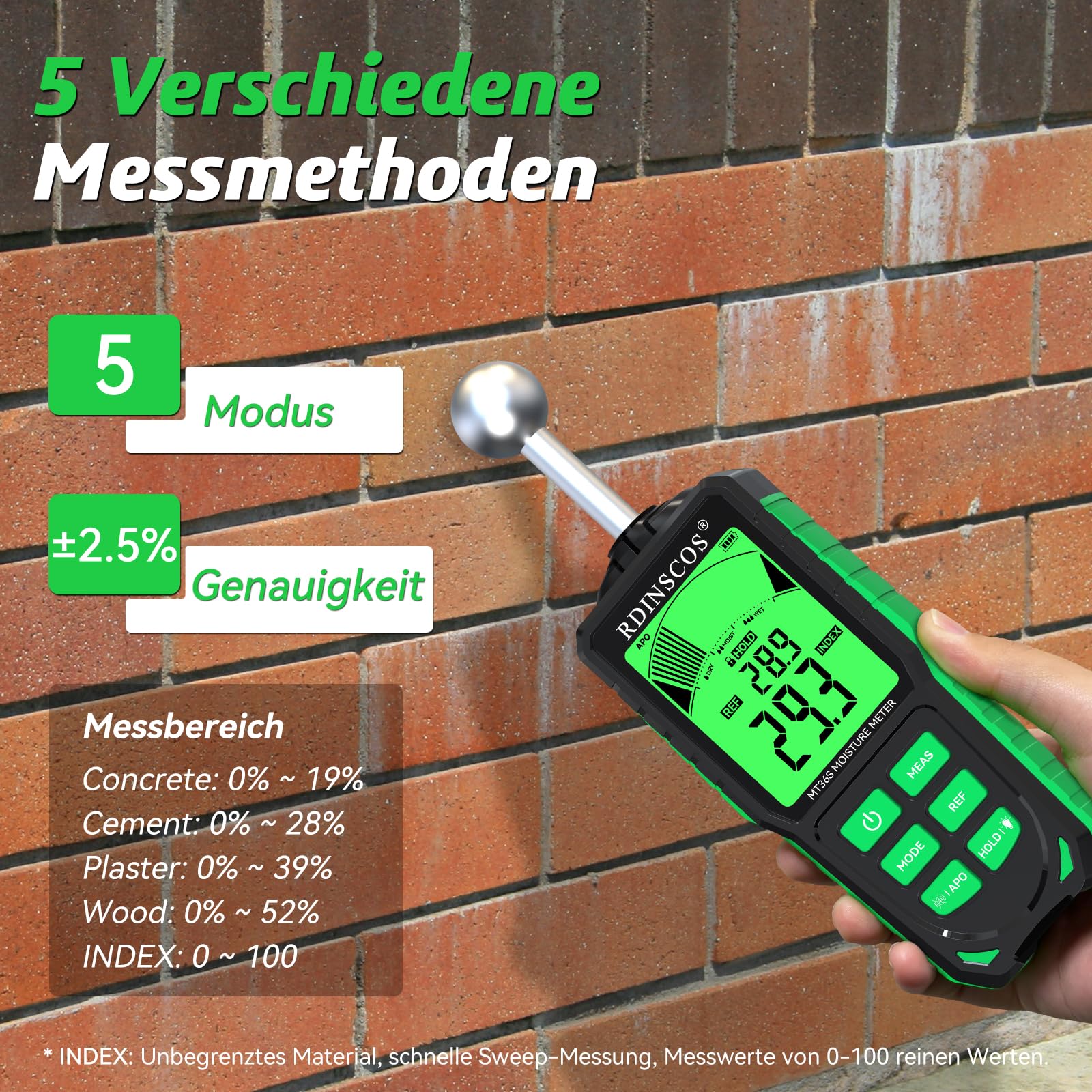 Testeur Humidité Mur,RDINSCOS MT36S Humidimètre NON Destructif Humidité Mur avec écran 3 Couleurs Détecteur Humidité avec 4 Modes pour Murs, Tuiles, Bois, Plâtre, Béton