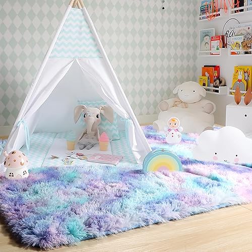 Miniatura 5 de Amdrebio Alfombras estéticas de sirena azul y morado para dormitorio de niñas, alfombra de 5 x 8 pies, alfombra Kawaii de unicornio para habitación