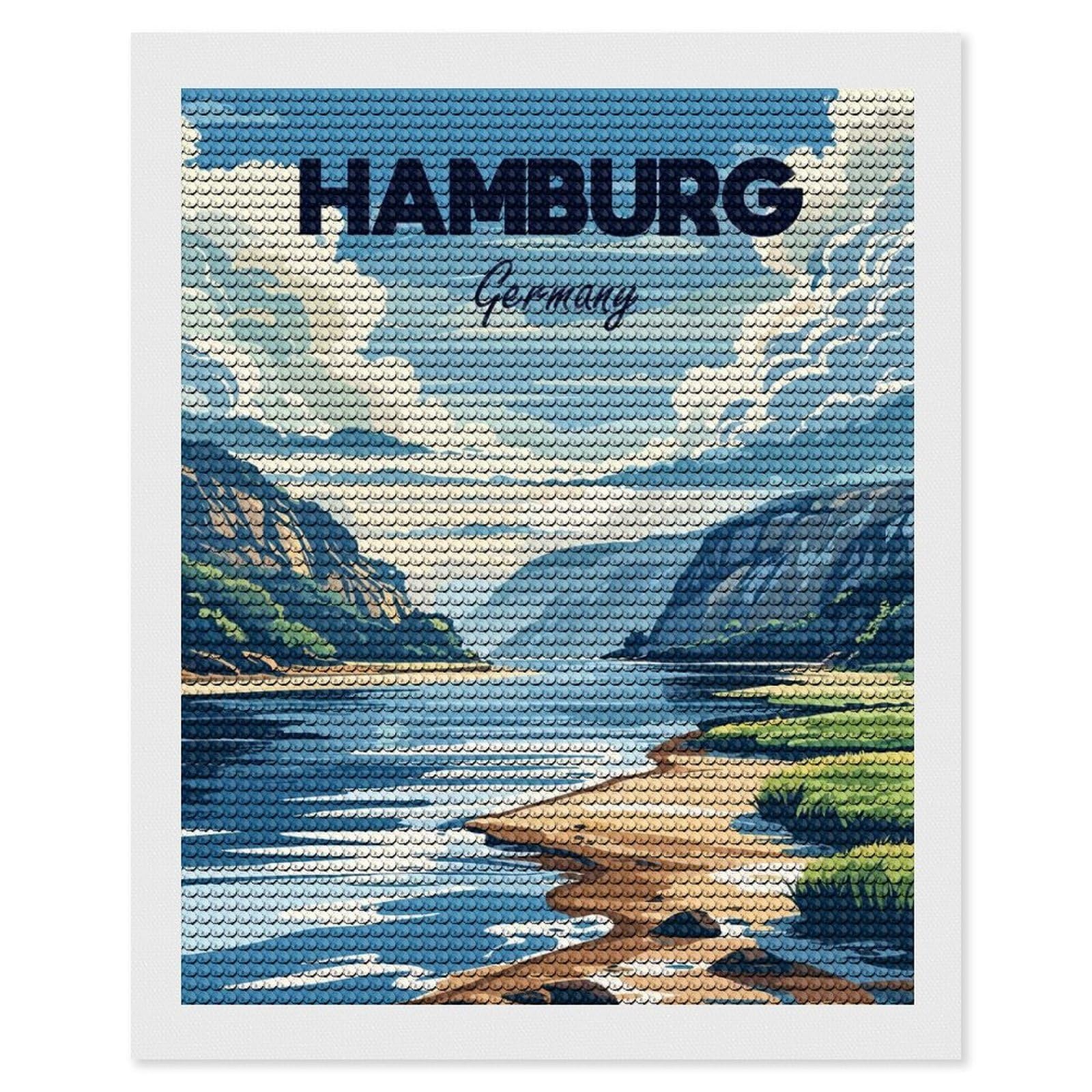 Junmoney Hamburg Germany Travel Diamond Painting Set 16"x20", Modern Decor, for Beginners, Printed Canvas, Thoughtful Handmade Gift, with Tool Kit