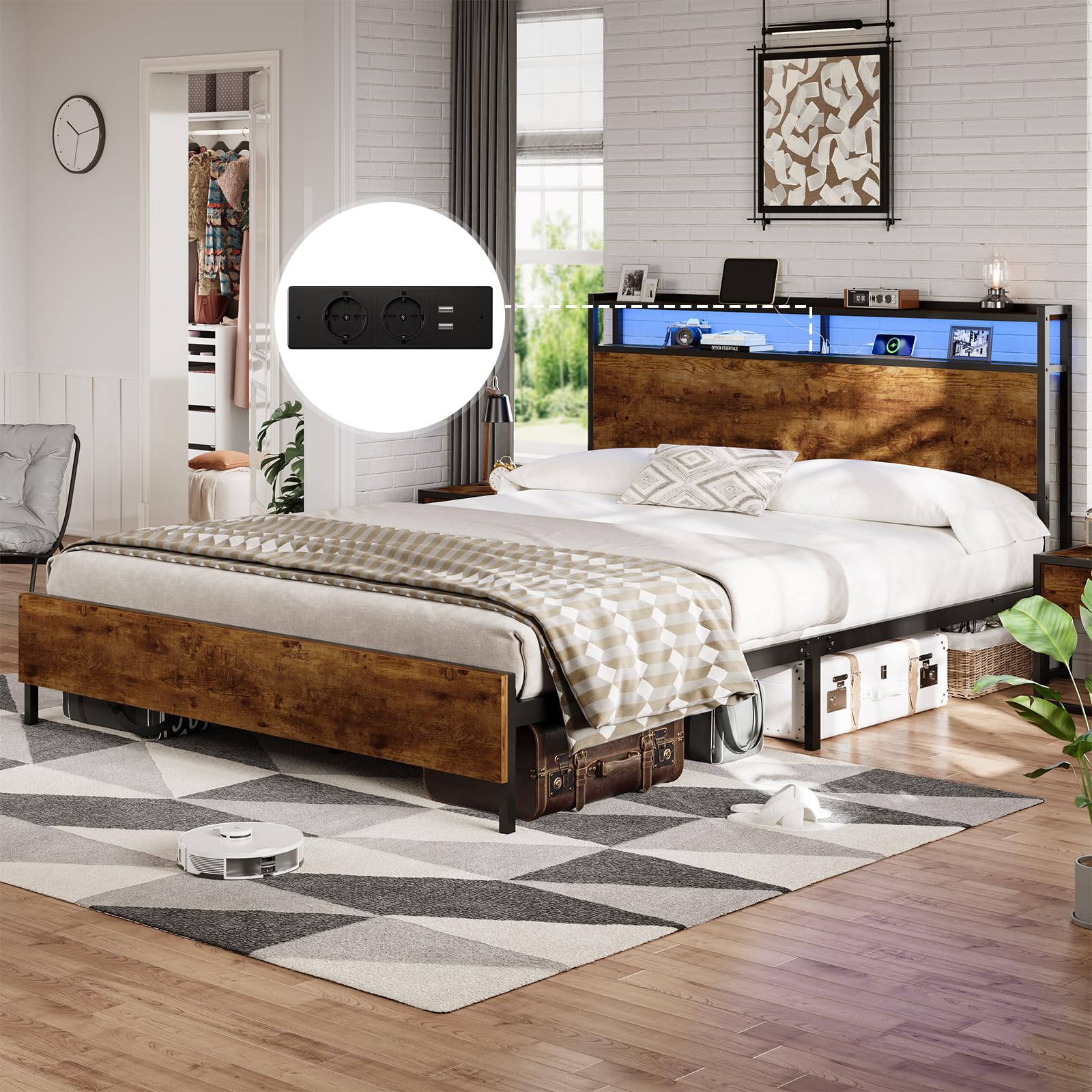 DICTAC Letto 120 x 200 cm con illuminazione LED, telaio del letto con presa e funzione di ricarica USB, letto in metallo 120 x 200 cm con testiera in legno, struttura del letto con rete a doghe e