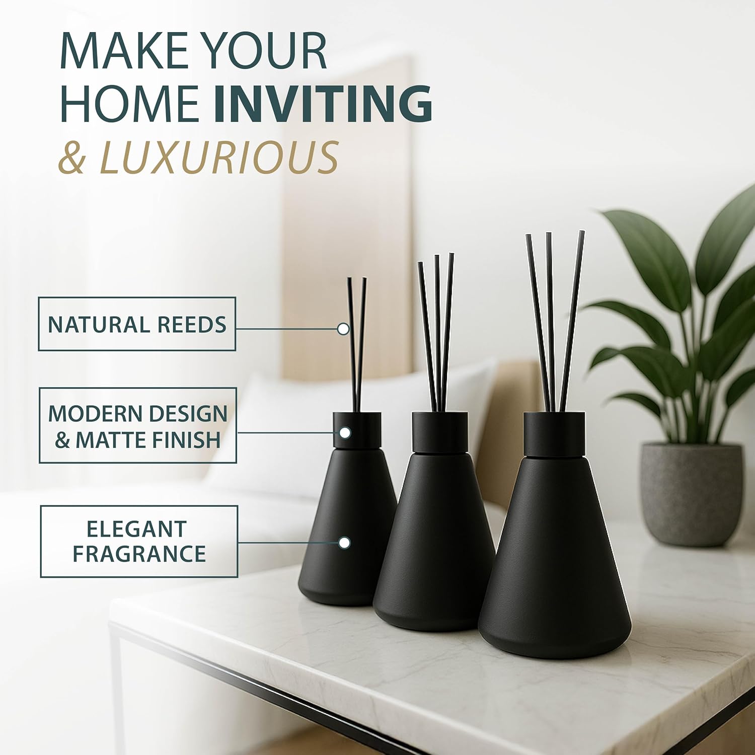 Mega Handles Reed Diffuser Sets (50ml) - 3 Pack White Flower Scent Bathroom Diffuser, Elegant Reed Diffuser for Shelf Decor, Decorative Air Freshener for Large Rooms - Matte Black - Image 2