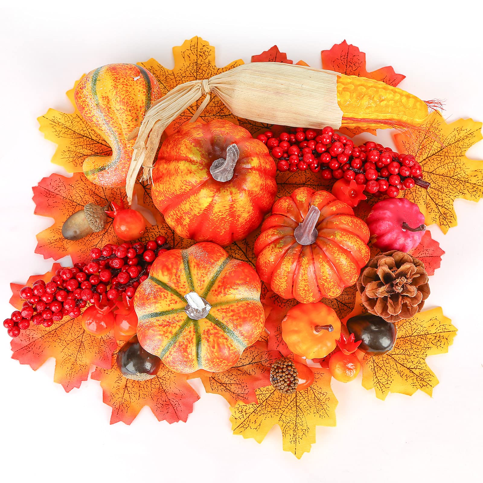 FUTUREPLUSX Artificial Pumpkins, 19PCS Harvest Fruits with 30PCS Artificial Maple Leaves Fake Pumpkins and Gourds Pine Cones Acorns for Halloween Thanksgiving Decorations