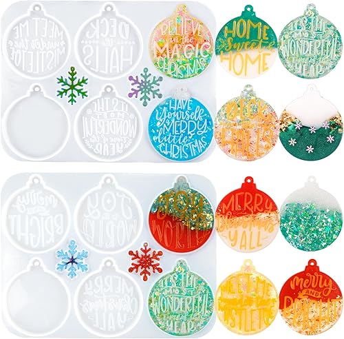 Vellibring Moldes de resina de Navidad de silicona, 2 piezas de adornos de Navidad, moldes redondos de resina epoxi con letras de copo de nieve para