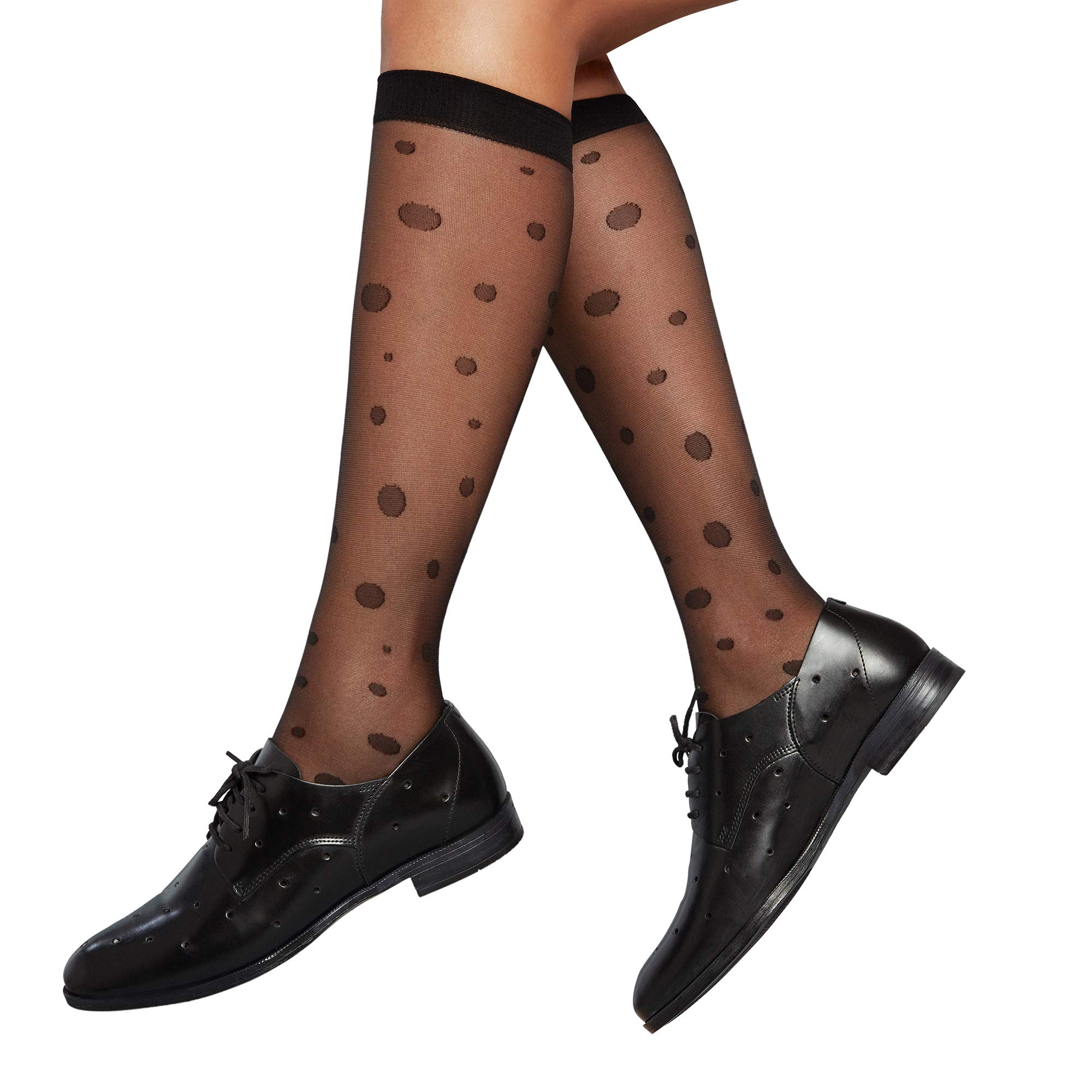 PENTI Dotted Fashion Knee Highs Socks Designer | 20 Den | One Size Fits All Sheer Knee High Pop Socks | 2 Colours-Black Light Skin | (Nude)