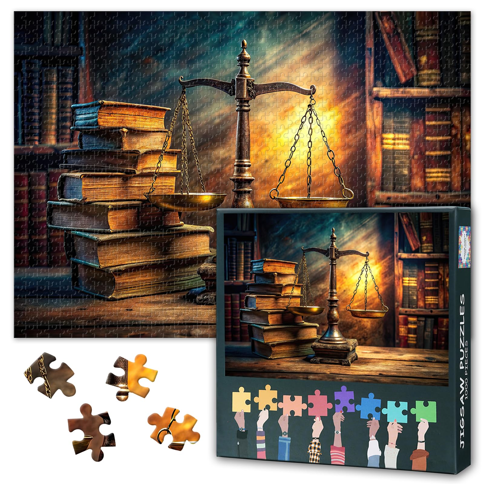1000-Piece Jigsaw Puzzle for Adults - Antique Scales and Stacked Books Painting Challenging Wisdom, and the weight of Knowledge Puzzles for Home Bedroom Decor 50x70cm