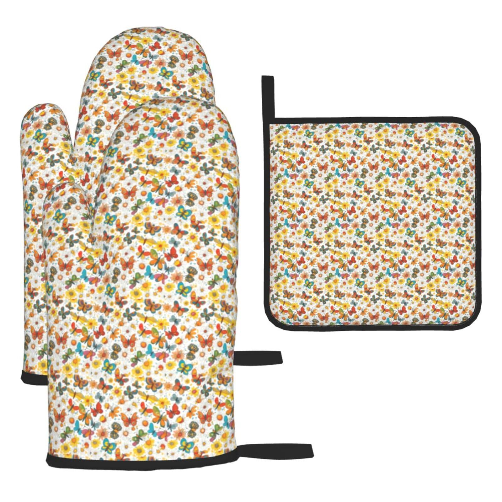 Butterfly Daisy Print Oven Mitts Kitchen Gloves Set Everyday Baking Grilling Microwaving Cooking Gift