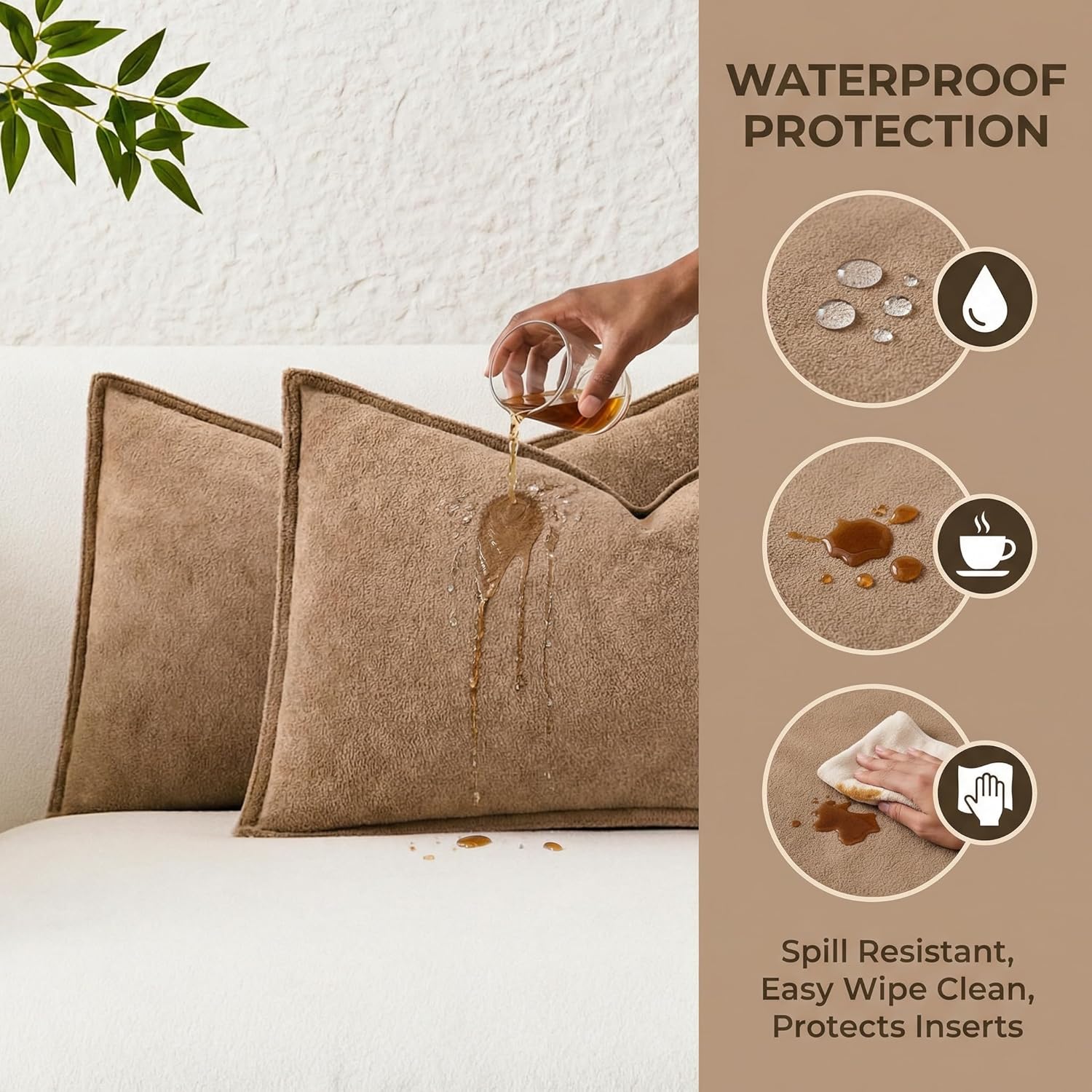 Kevin Textile Waterproof Decorative Pillow Covers Camel 22x22 Inch Pack of 2 Soft Boucle Textured Euro Pillowcases Elegant Accent Pillows for Couch Sofa Chair Bed Home Decor Indoor Outdoor 22" x 22" (Pack of 2) Camel