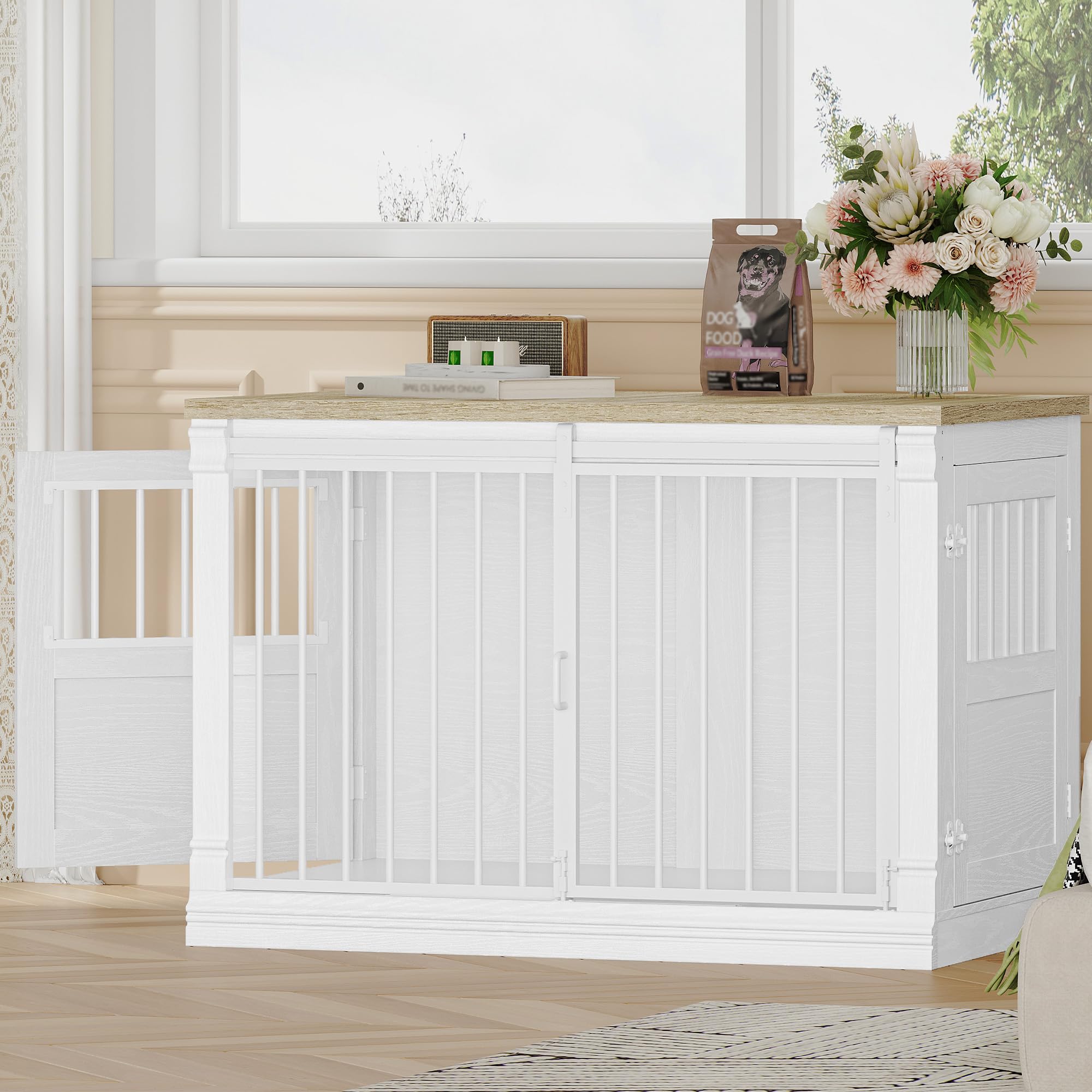HEXCELEN 101cm Jaula para Perros, Mueble Mascotas Interior, Jaula Perro Grande para Casa de Madera, 3 Puertas, Mesa Auxiliar, Apto para Perros Medianos, 101 x 60,5 x 70 cm, Roble Blanco y Blanco