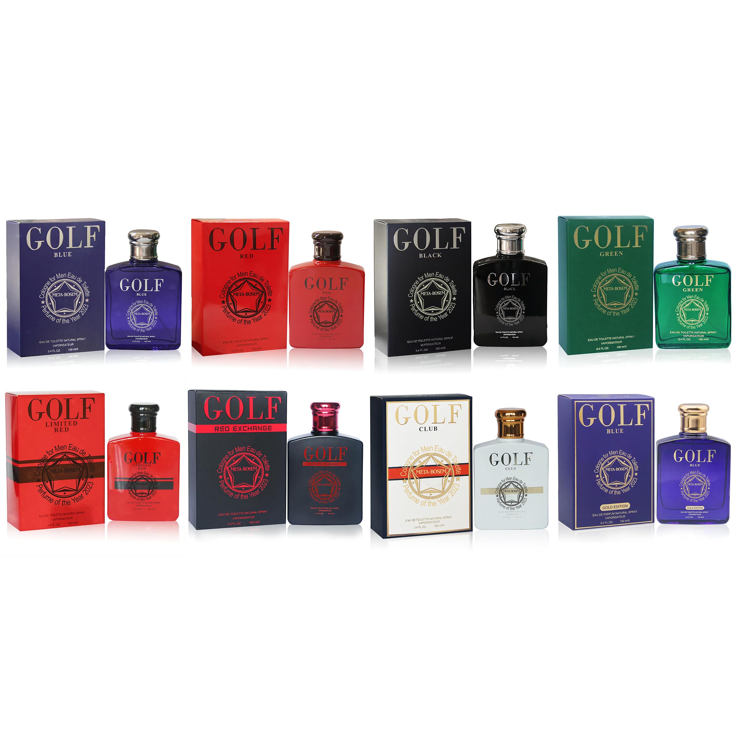 META-BOSEM Golf Red+Black+Blue+White 8-Pc Set Men's Cologne Collection, Eau de Toilette Natural Spray - Masculine Scent - Holiday Gift (Pack of 8) Each 3.4 Fl Oz, Total 27.20 Fl Oz