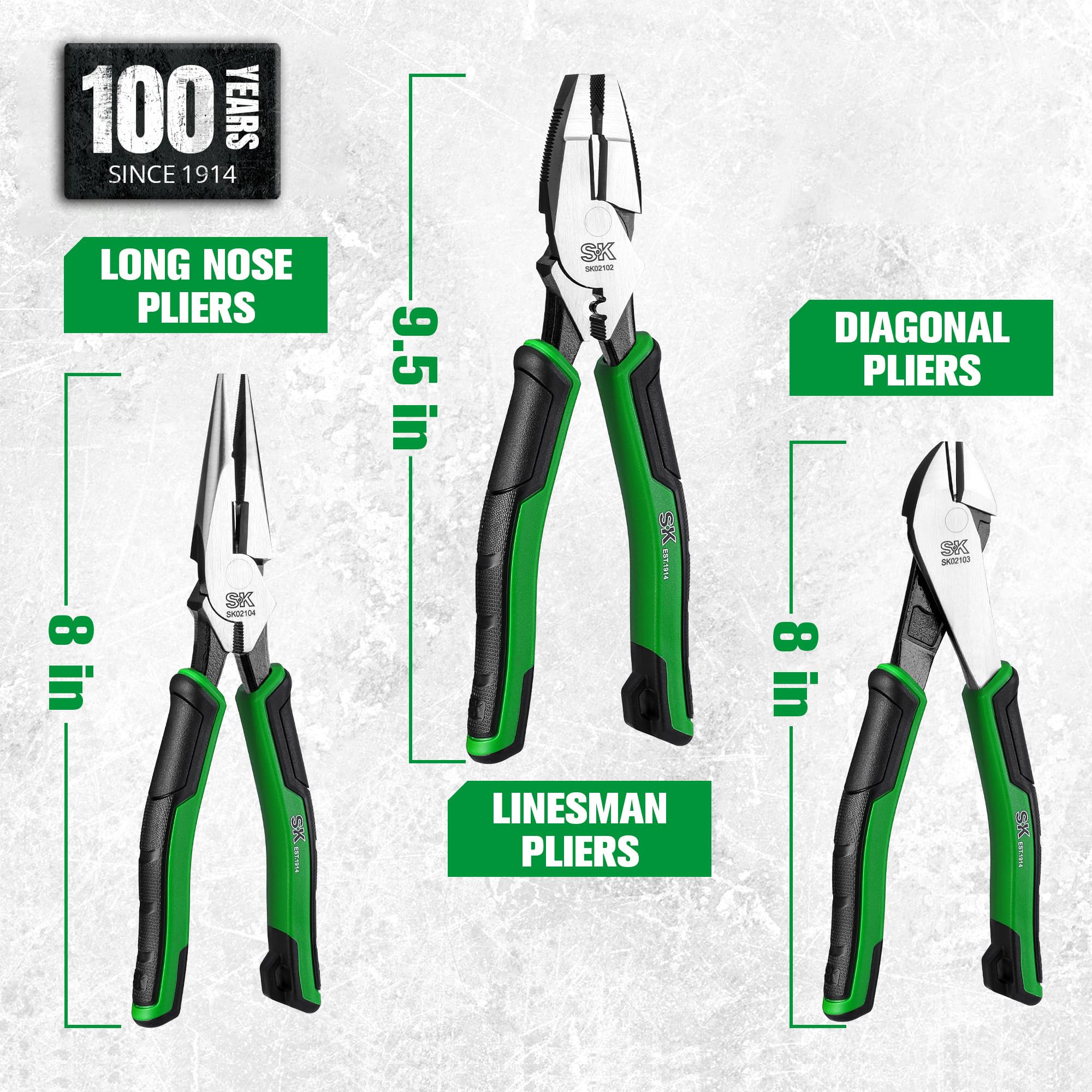 SK Juego de alicates de 3 piezas, alicates Linesman de 9.5 pulgadas, alicates diagonales de 8 pulgadas, alicates de punta larga de 8 pulgadas, construcción CR-V premium, mango ergonómico