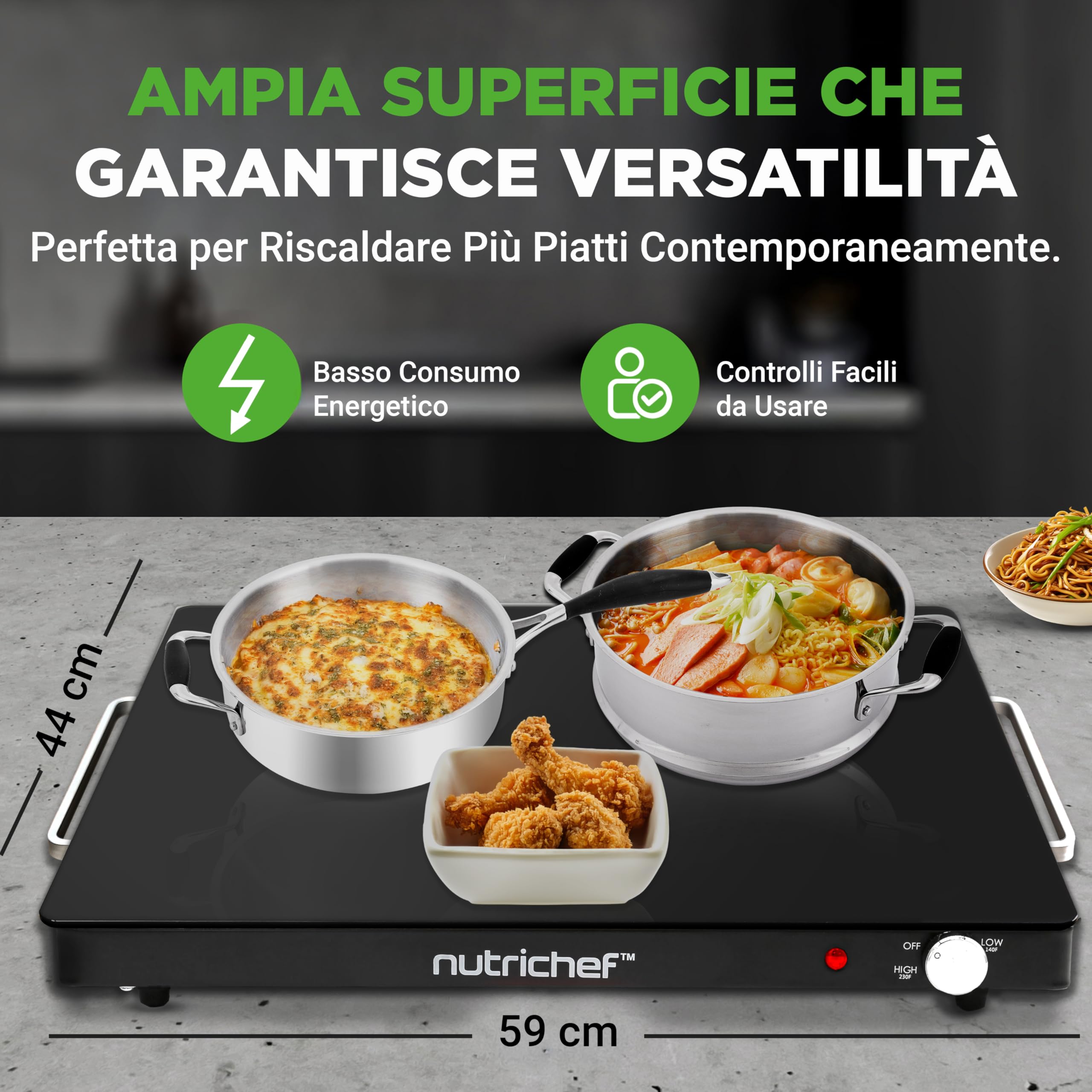 NutriChef Piastra Elettrica, Scalda Cibo Elettrico Portatile, per Tortillas, Buffet, Ristorante, Festa, Cena, Casa e Cucina, Vetro, 60–110 °C, 54 × 42 cm, Nero