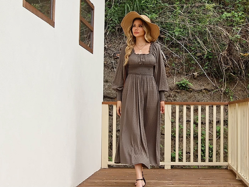 R.Vivimos Women's Puff Long Sleeve Maxi Dress Square Neck Elastic