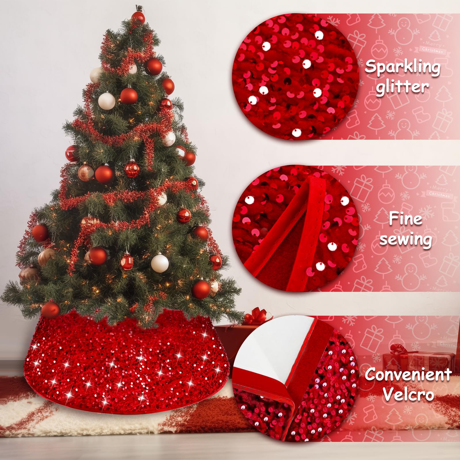 Collare per Albero di Natale, Copri Base Albero di Natale 60x40cm, Gonna per Alberoo di Natalizio Tronco con Paillettes, Christmas Tree Collar-Decorazioni Natalizie Casa (rosso)