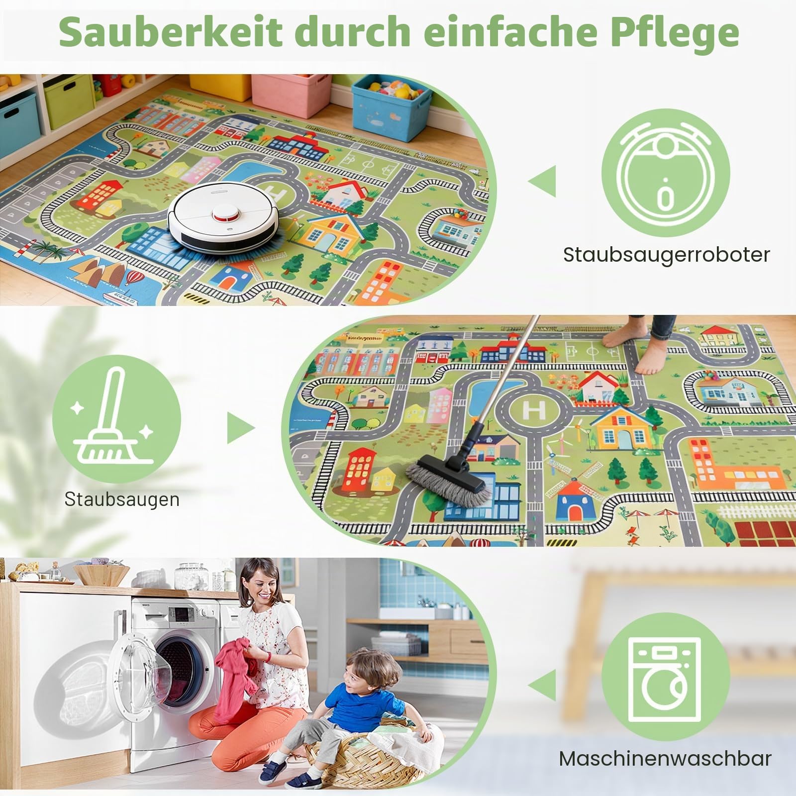 Spielteppich mit Straßen und Häusern, 120x160 cm rutschfest Teppich für Jungen & Mädchen, Autoteppich für Schlafzimmer Spielzimme Klassenzimme (A)