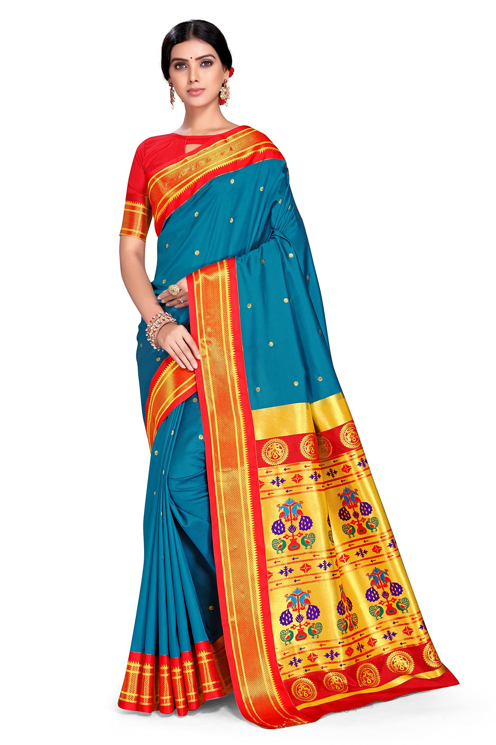 Varkala Silk Sarees Women's Paithani Soft Silk Kadiyal Maharani Saree With Blouse Piece, Aqua Blue, One Size