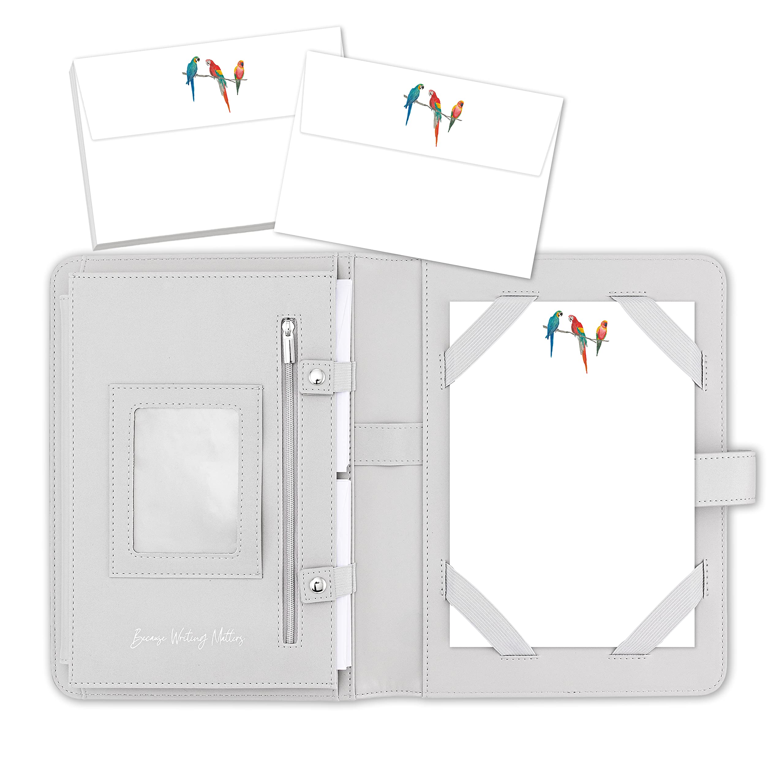 Me Loovely Three Parrots Letter Writing Paper and Envelopes Set Birds Stationery Papers Sets for Invitations & Correspondence | (20 Letters & 20 Envelopes with Grey Organiser)