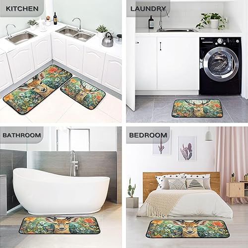 Miniatura 5 de Kitchen Mats for Floor 2 Piece Set Painting Deer Flowers Print, Anti Skid Cushioned Water Absorbent Kitchen Rugs Door Mat Floor Mats for Kitchen Sink
