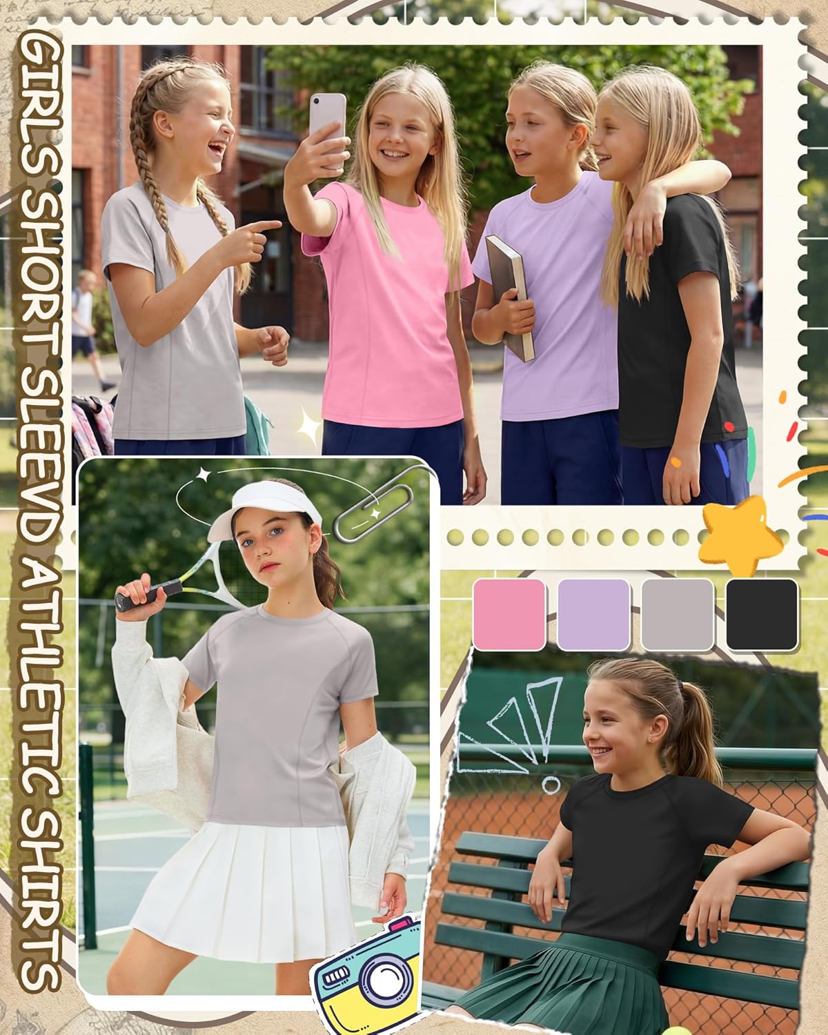 4 Pack Girls Athletic Shirts Quick Dry Short Sleeve Gym Active Tops Kids Youth Crew Neck Summer Activewear Tee