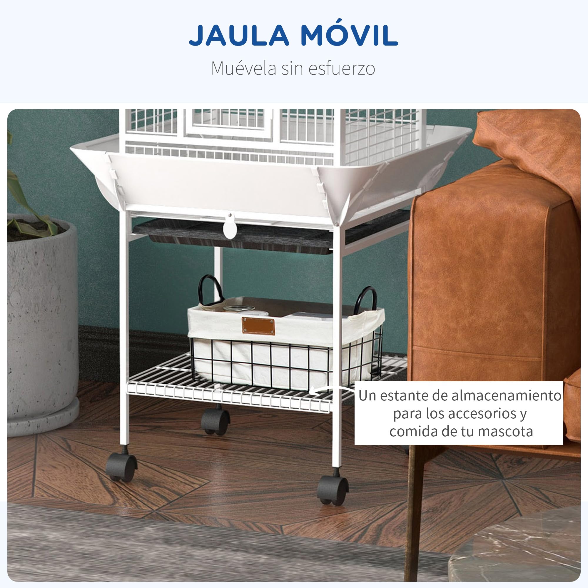 PawHut Jaula para Pájaros Jaula para Loros con Ruedas Perchas Comederos Estante Puente Arqueado y Bandejas Extraíbles Pajarera para Cacatúa NINFA Cacatúas Cotorras 62,5x62,5x156 cm Blanco