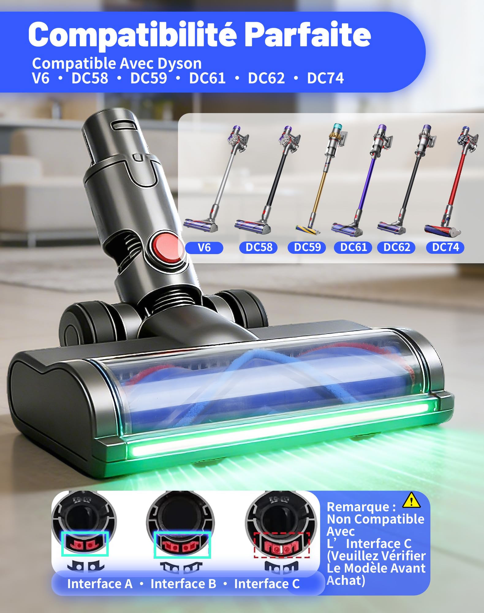 Szczotka zamienna do Dyson V6, DC58, DC59, DC62, DC74, z oświetleniem LED i wymienną szczotką w kształcie litery V, do odkurzaczy części zamiennych do twardych podłóg