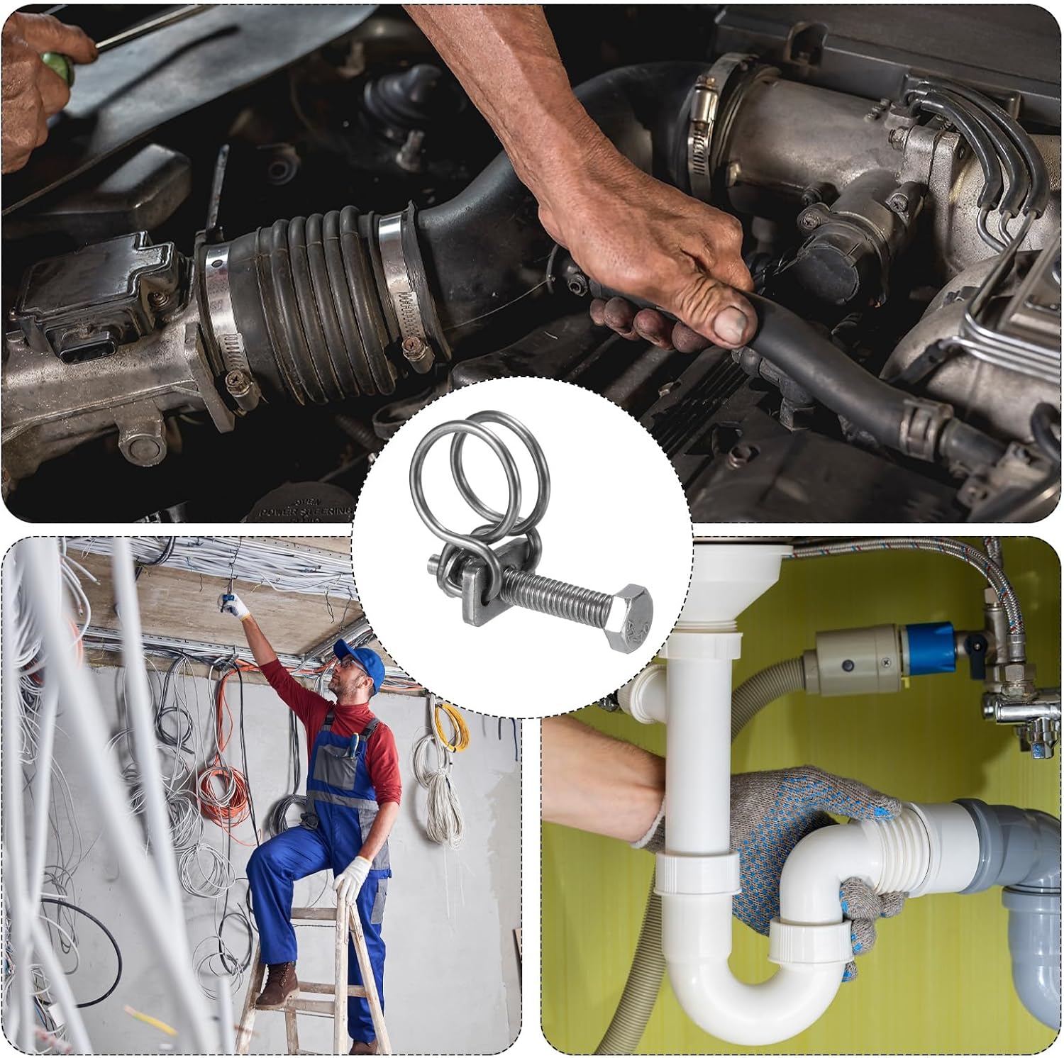 uxcell 10Pcs Double Wire Hose Clamp, 13-16mm Adjustable Stainless Steel Wire Hose Clips with M6 Bolt for Dust Collection Hose, Pump Hose Pipe