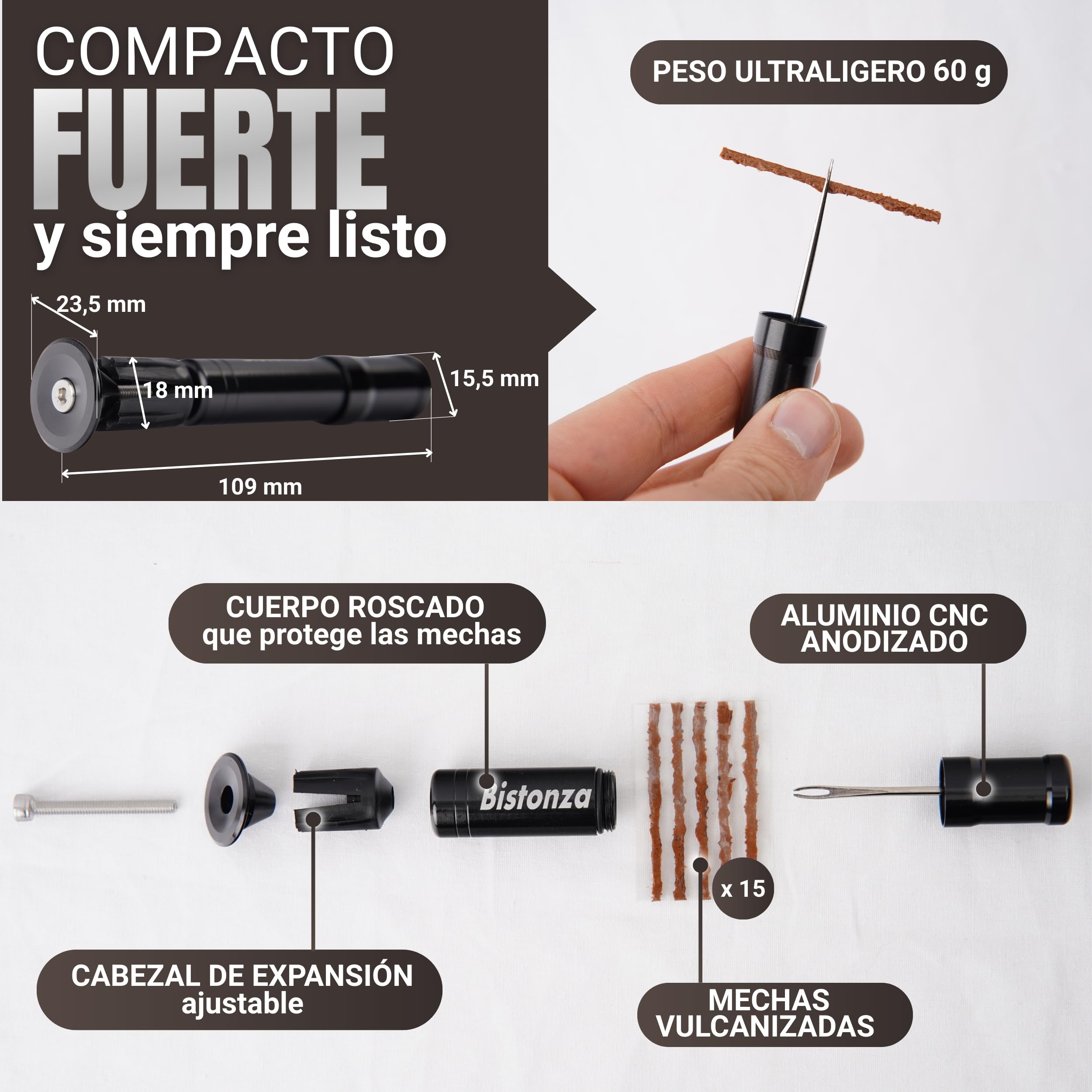 Kit Repara Pinchazos para Bicicletas, incluye Kit Reparador, 15 Mechas y Topes para colocarlo en tu Manillar, Compacto, muy Ligero y Duradero. Apto para todo tipo de Cubiertas sin Cámara, Tubeless.