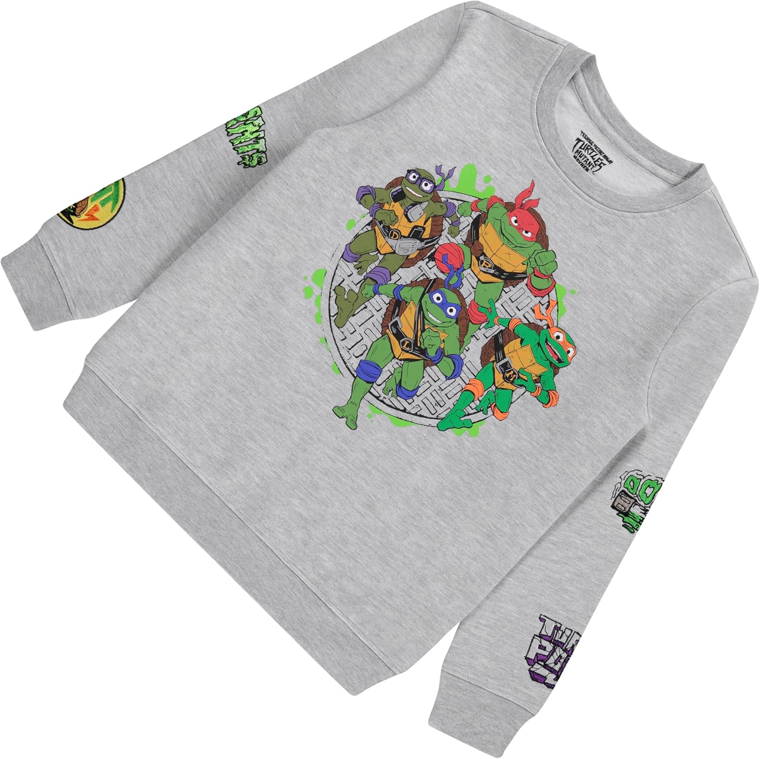 Ninja Turtles Boys Crewneck Sweatshirt - Leonardo, Raphael, Donatello, Michelangelo, Splinter Embroidered Sleeve Patches