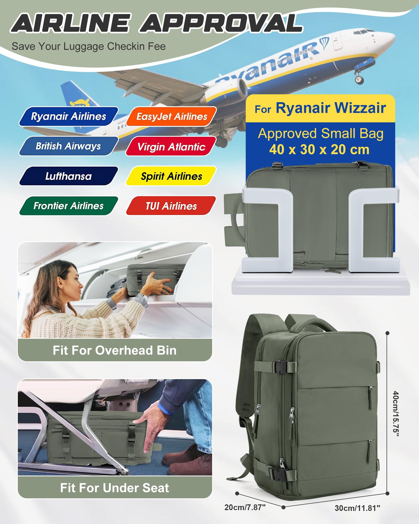 SEAFEW Zaino Sottovuoto da Viaggio con Pompa Borsa da Cabina per Ryanair 40x30x20 Aereo Bagaglio a Mano per Easyjet Impermeabile Lavoro e Scuola Trekking Casual Daypack per 14" laptop,H03-Verde