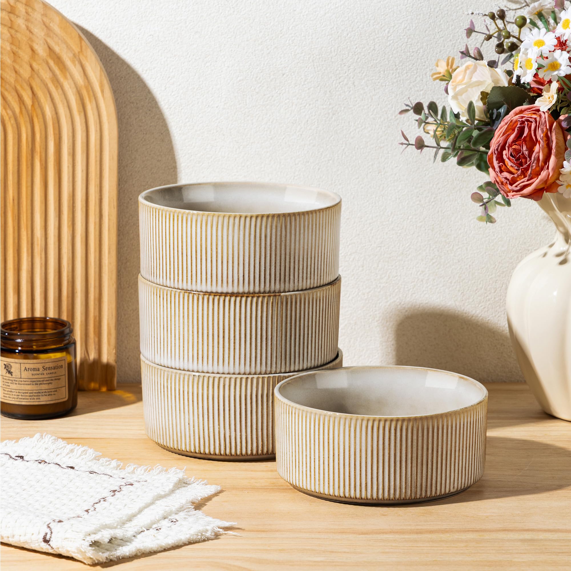 GBhome Stoneware Cereal Bowls Set of 4, Handmade Ceramic Bowls Set for Cereal Soup Salad, Stylish Kitchen Bowls for Meal, Dishwasher & Microwave Safe, Reactive Glaze-Cappuccino