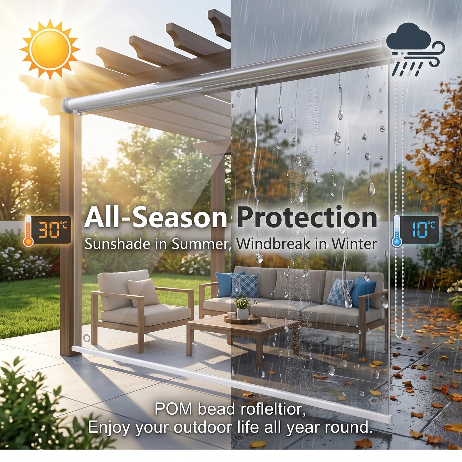 Stores enrouleurs Transparents et imperméables，Rideau Enrouleur Vinyle Transparent résistant，pour Chambres,Salle Bain,Bureaux，Personnalisable，Facile à Installer(W110*H200cm/W43.30*H78.74in)