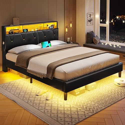Miniatura 7 de Base de cama Queen con luces LED y estación de carga, marco de cama LED tamaño Queen con cabecera de estante de almacenamiento, cama tapizada de