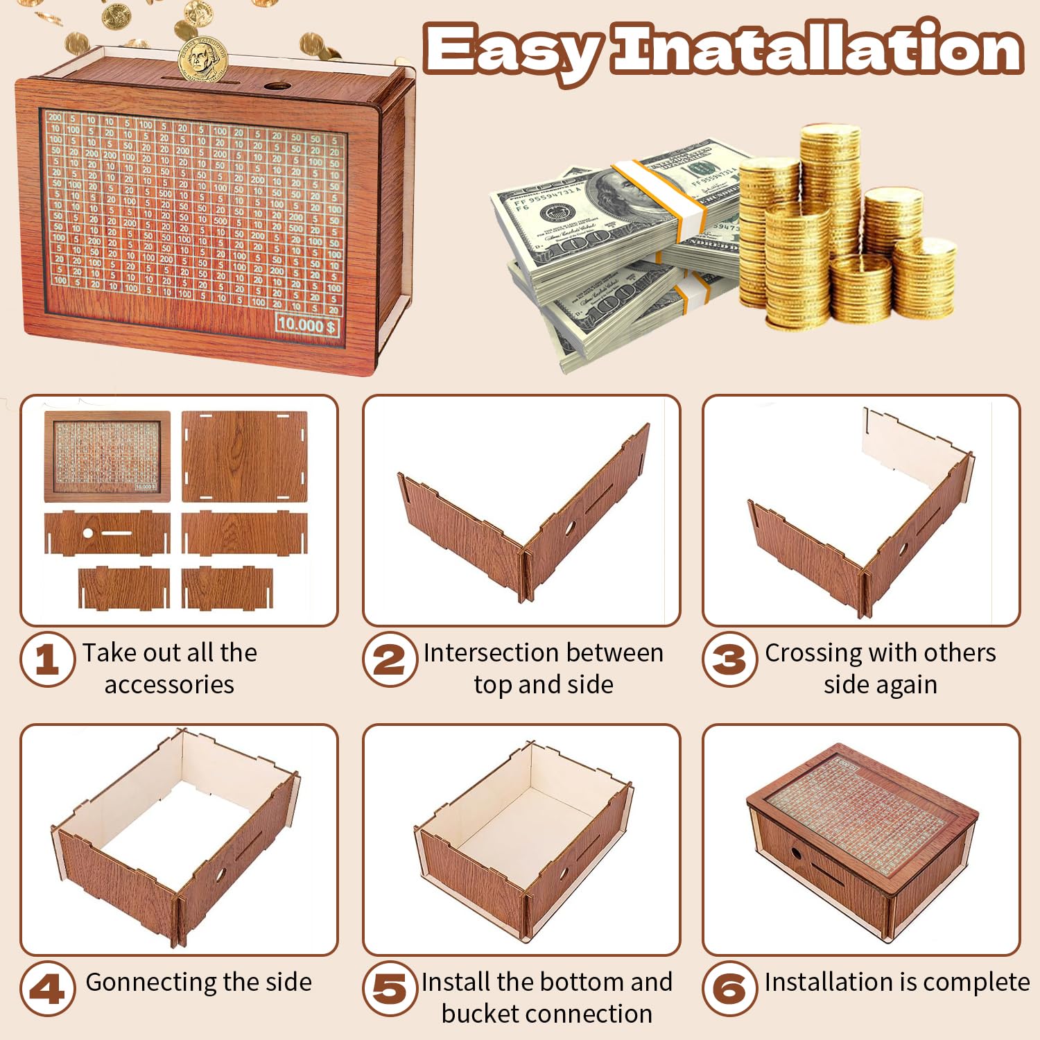 ZHYEED Wooden Money Box for Adults and Kids,Savings 10000 Dollar Challenge Box,Mark Bank with Numbers,Anti-Drop Design