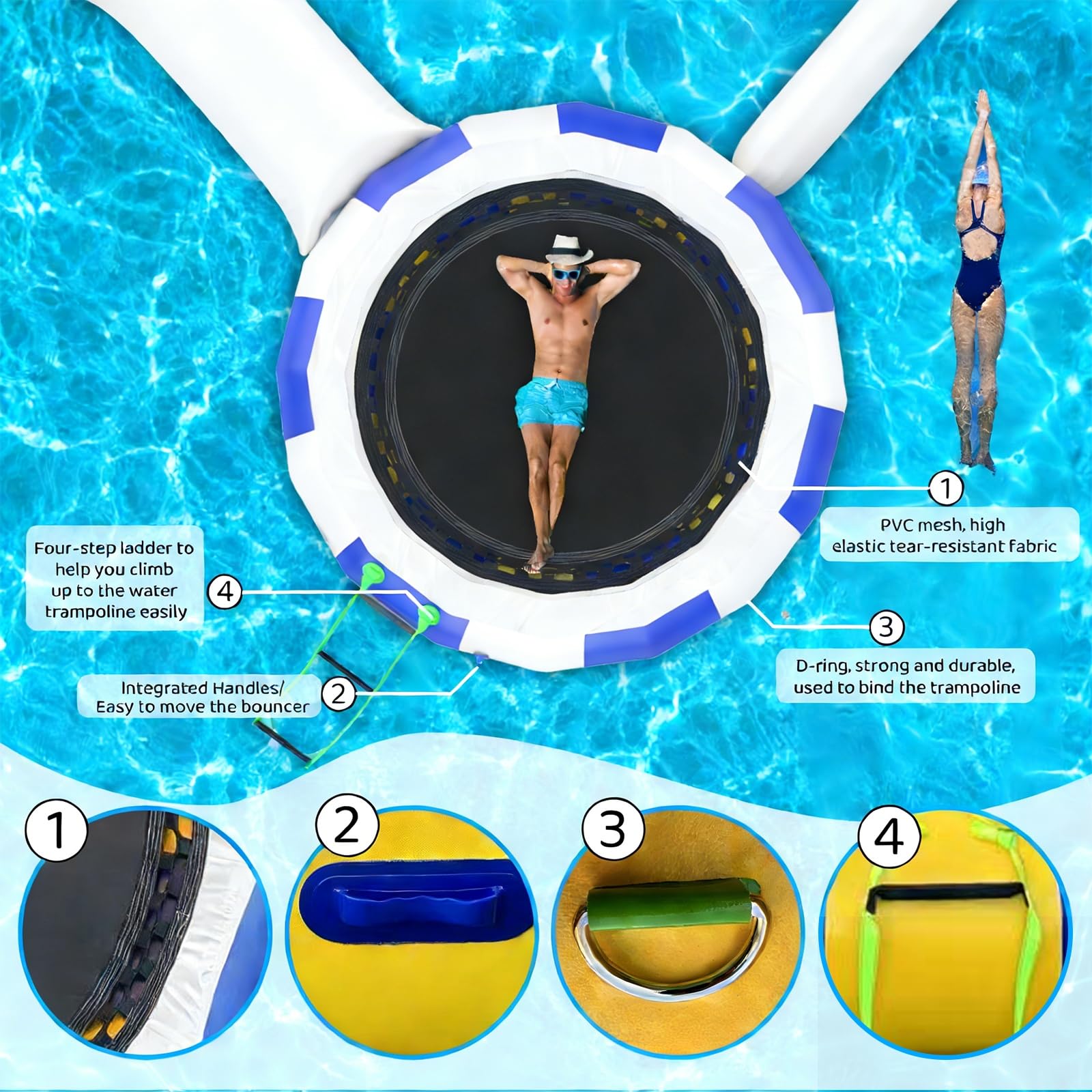 Trampolino Gonfiabile d'Acqua da 10/13/16FT – Piattaforma da Nuoto Rimbalzante con Scivolo e Cuscino da Immersione – per Piscina, Lago e Parco Trampolino Acquatico